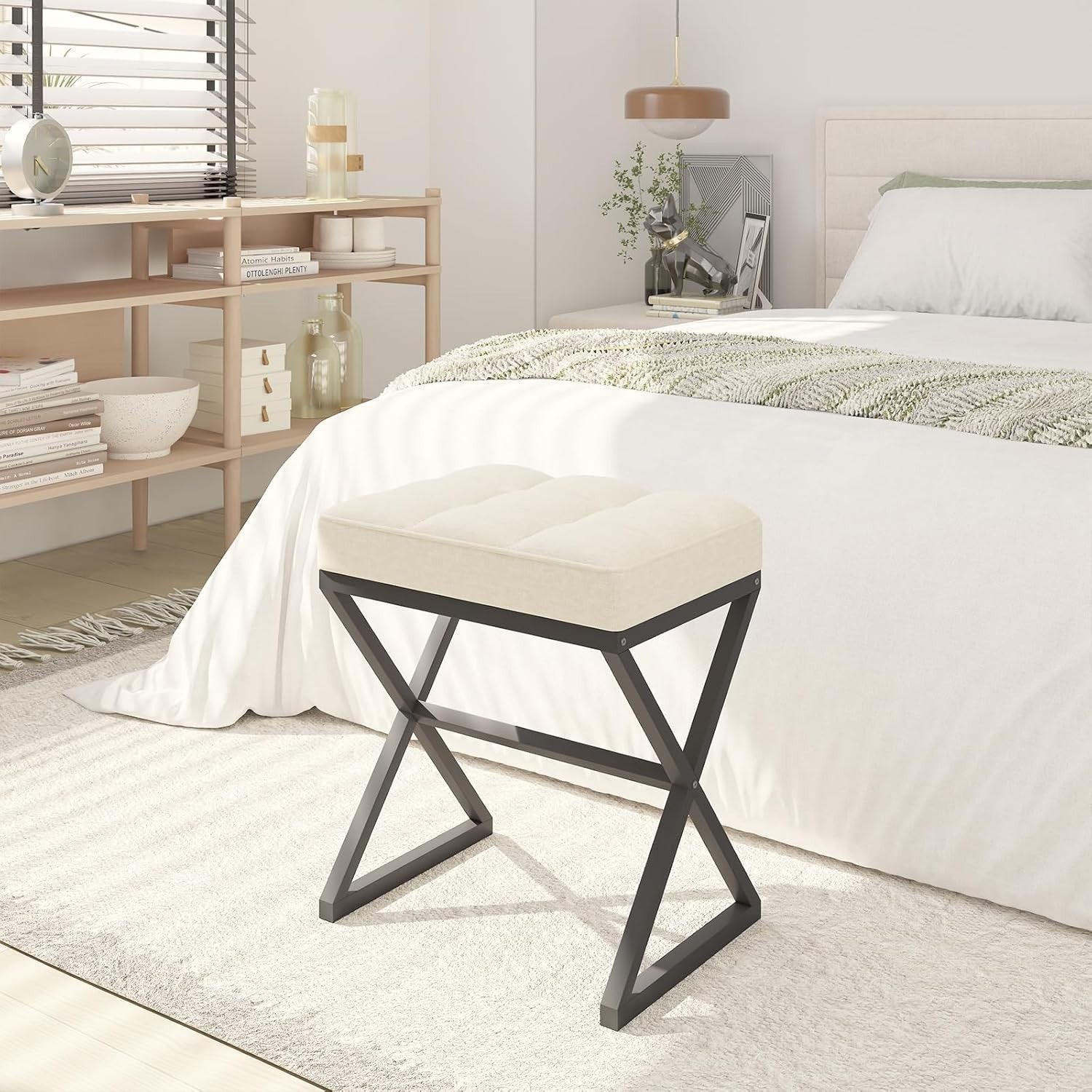 Beige Linen Vanity Stool Square Ottoman X-Leg Metal Footrest Bench 40x30x46cm