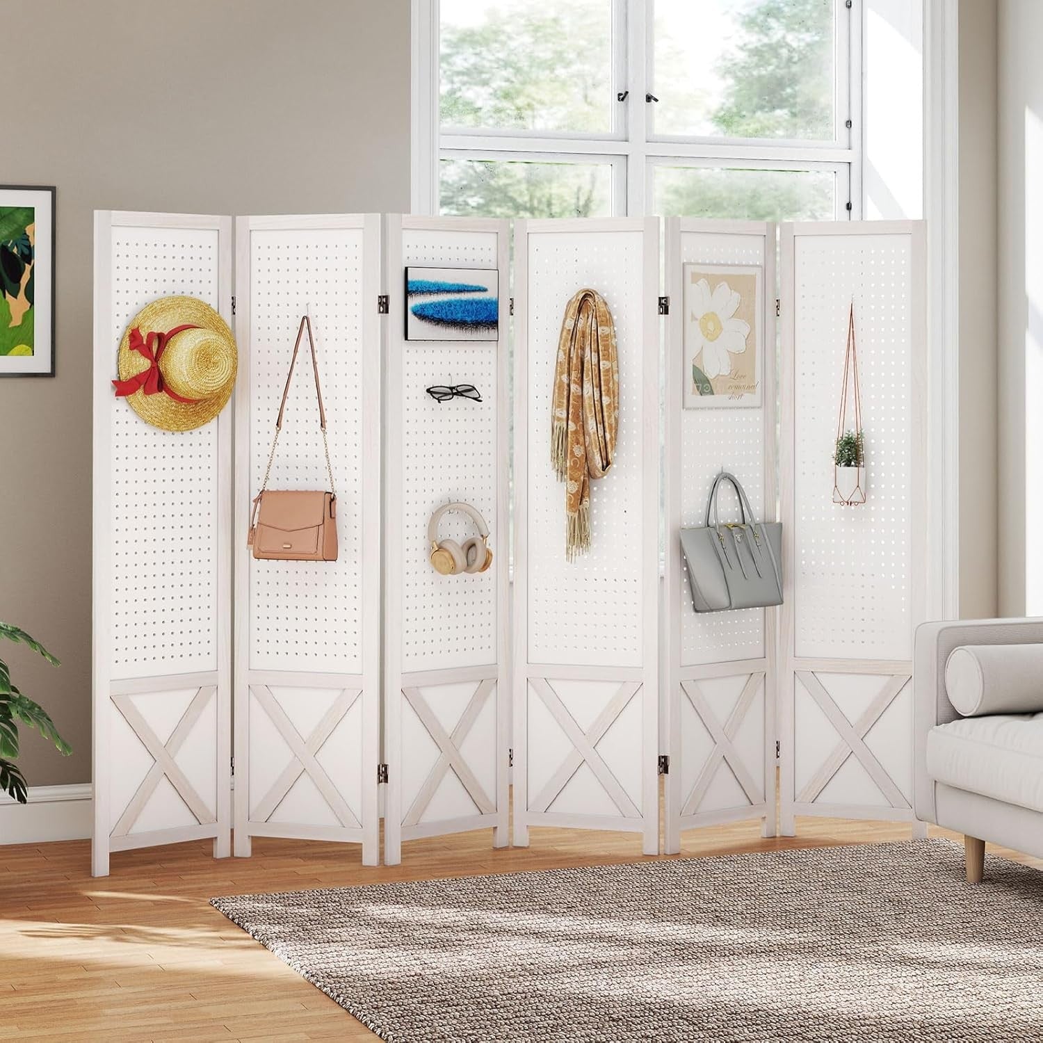 6 Panel White Wooden Folding Room Divider with Pegboard Display 246x170cm