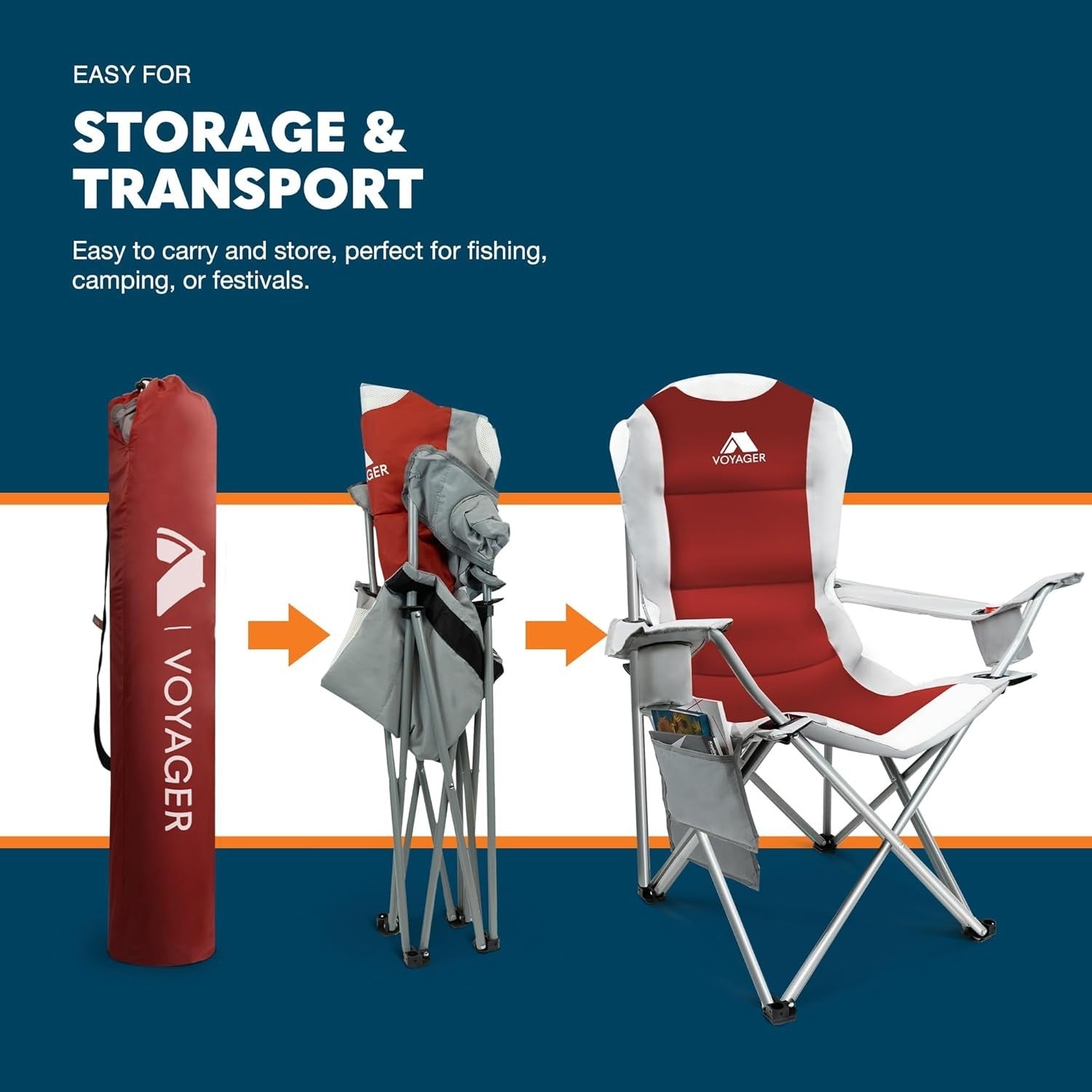 2x Padded Folding Camping Chairs W/Cup Holder, Pockets, Heavy Duty