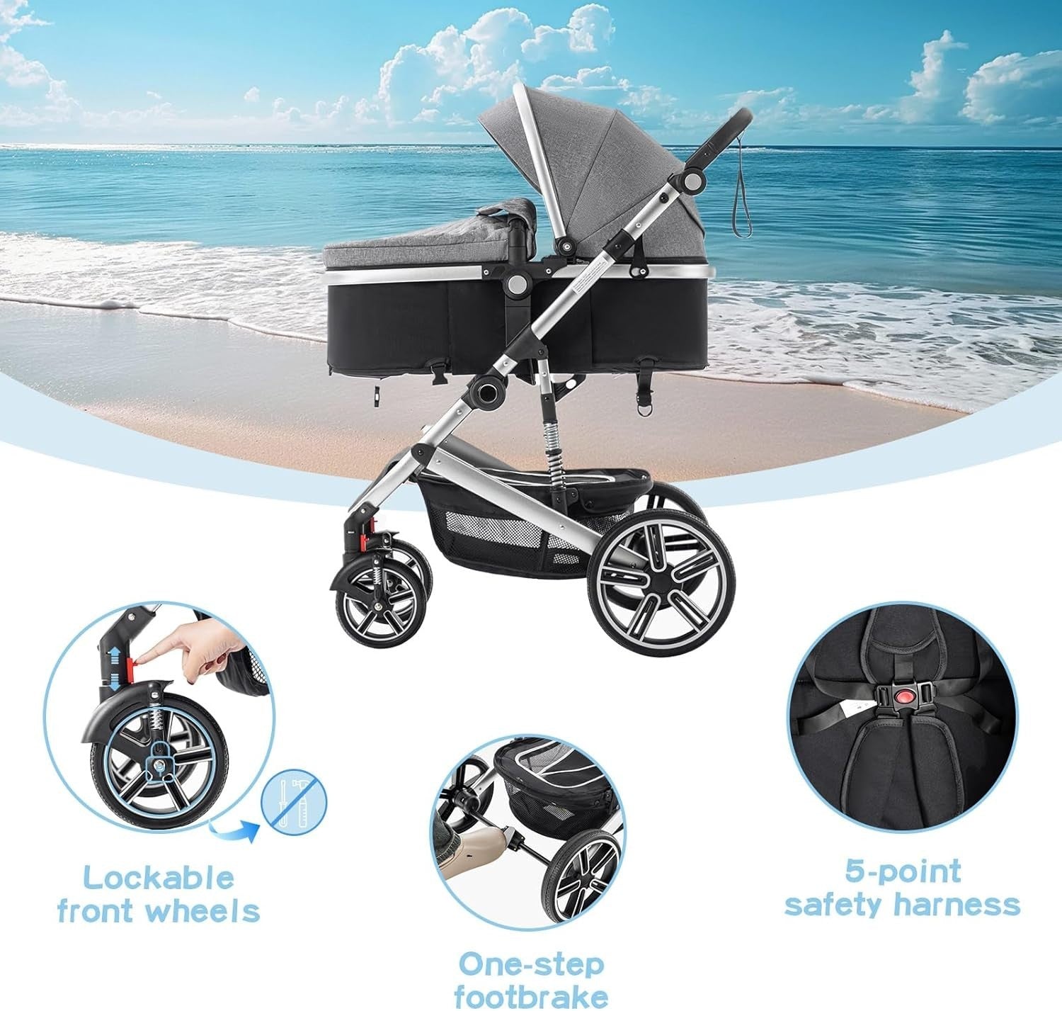 3 in 1 Baby Stroller with Car Seat Foldable Pram Travel System Black