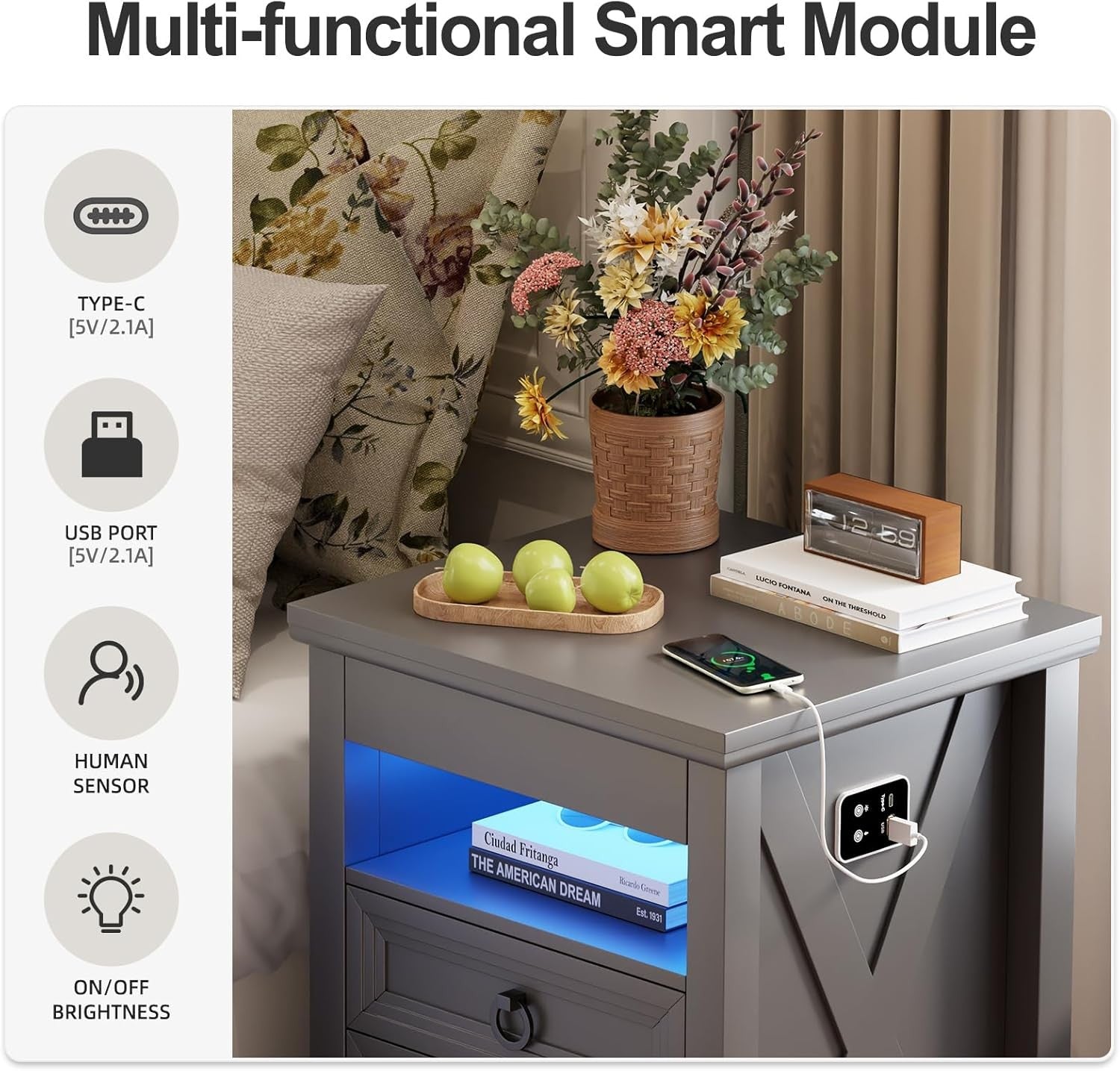 Grey Smart Bedside Table with Wireless Charging, LED Lights & 4 Drawer Storage