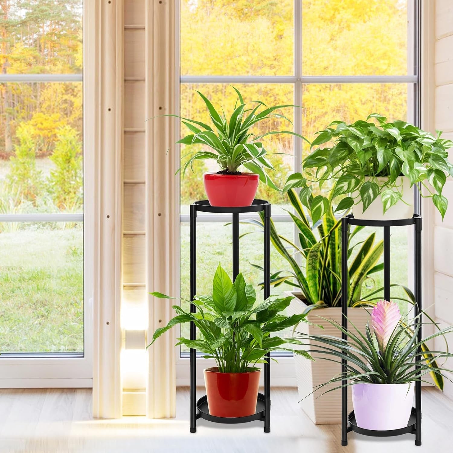 KHayRovies 2 Tier Tall Plant Stand Indoor, 2Pcs Black Corner Round Plant Stand