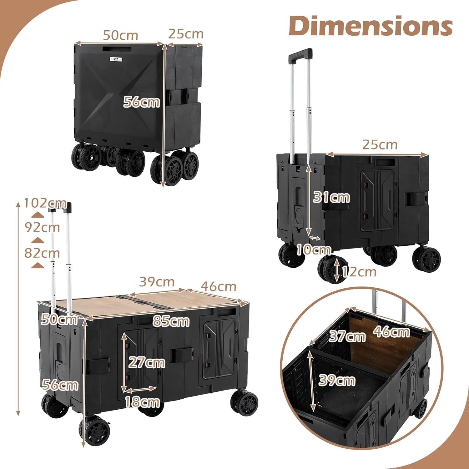 150L Folding Utility Trolley Cart Heavy Duty Wagon 5 Wheels Tabletop Black