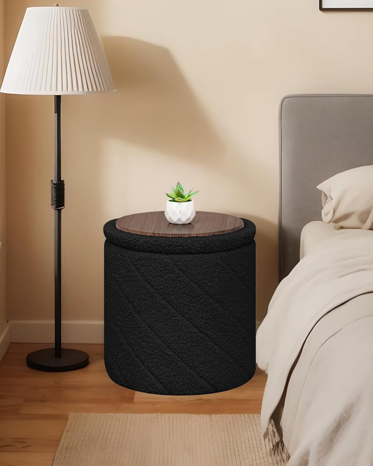 Black Boucle Round Storage Ottoman Stool Folding Footrest Vanity Seat