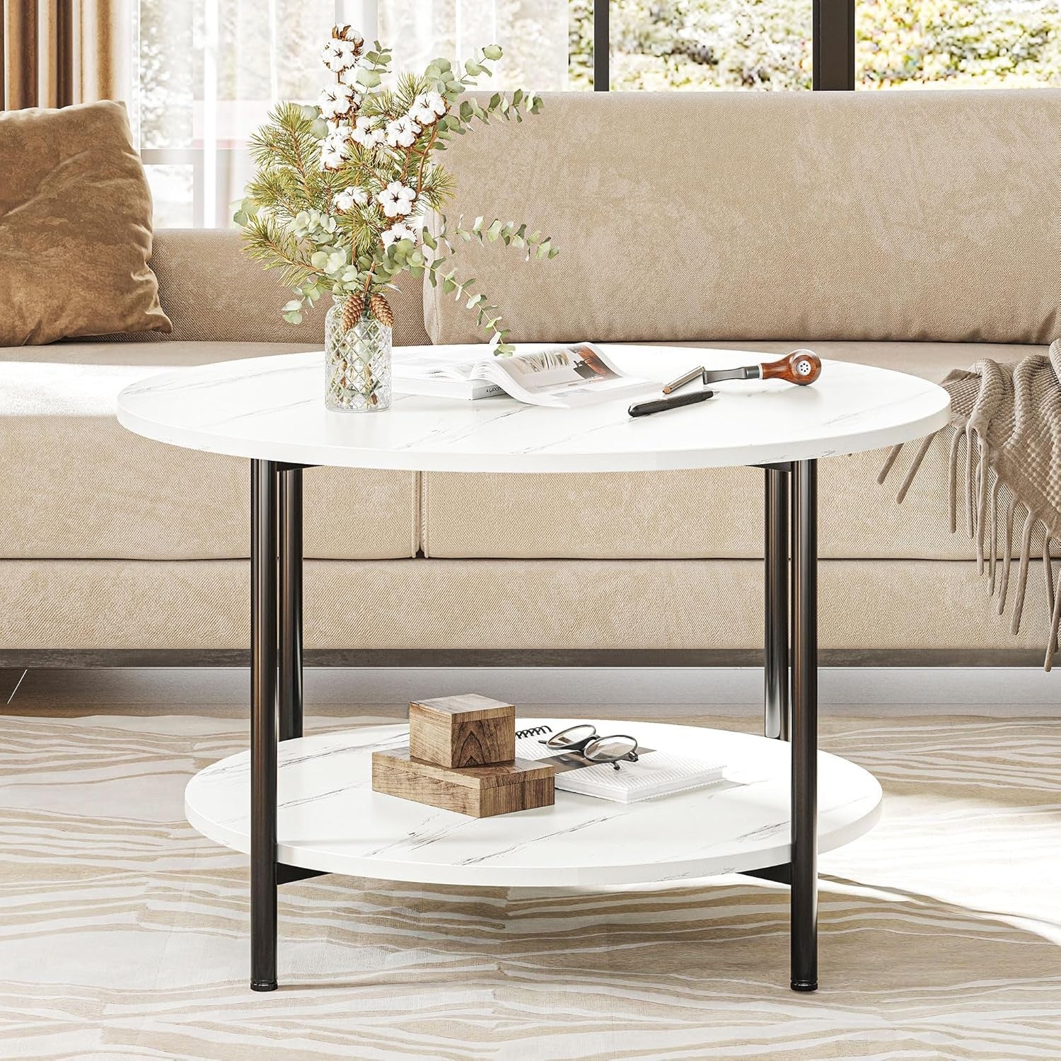 Round Coffee Table with Shelf – 2-Tier Rustic Wood & Metal, 80cm