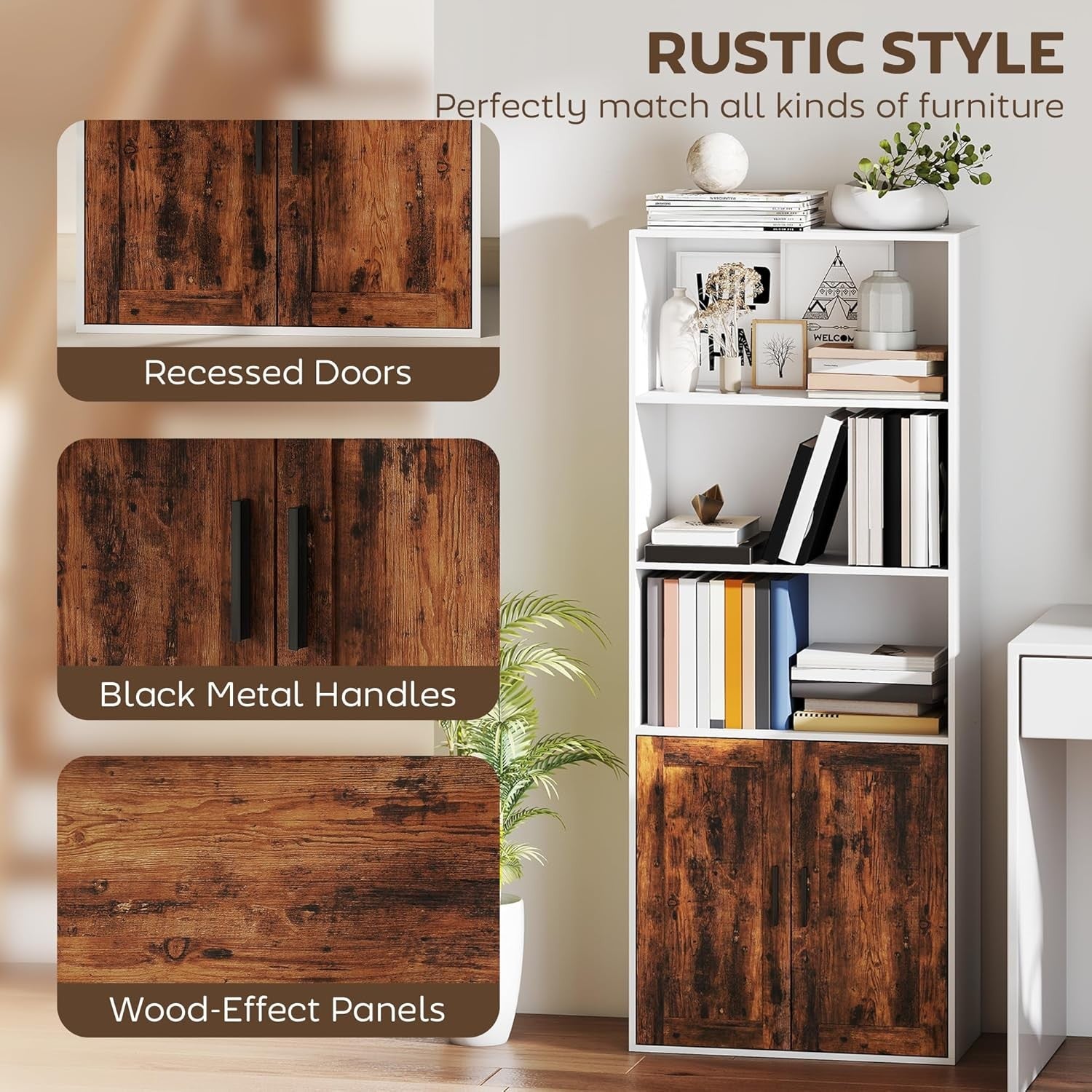 Tall 5-Tier Bookcase with Doors, Adjustable Shelf, Rustic Storage Unit for Home
