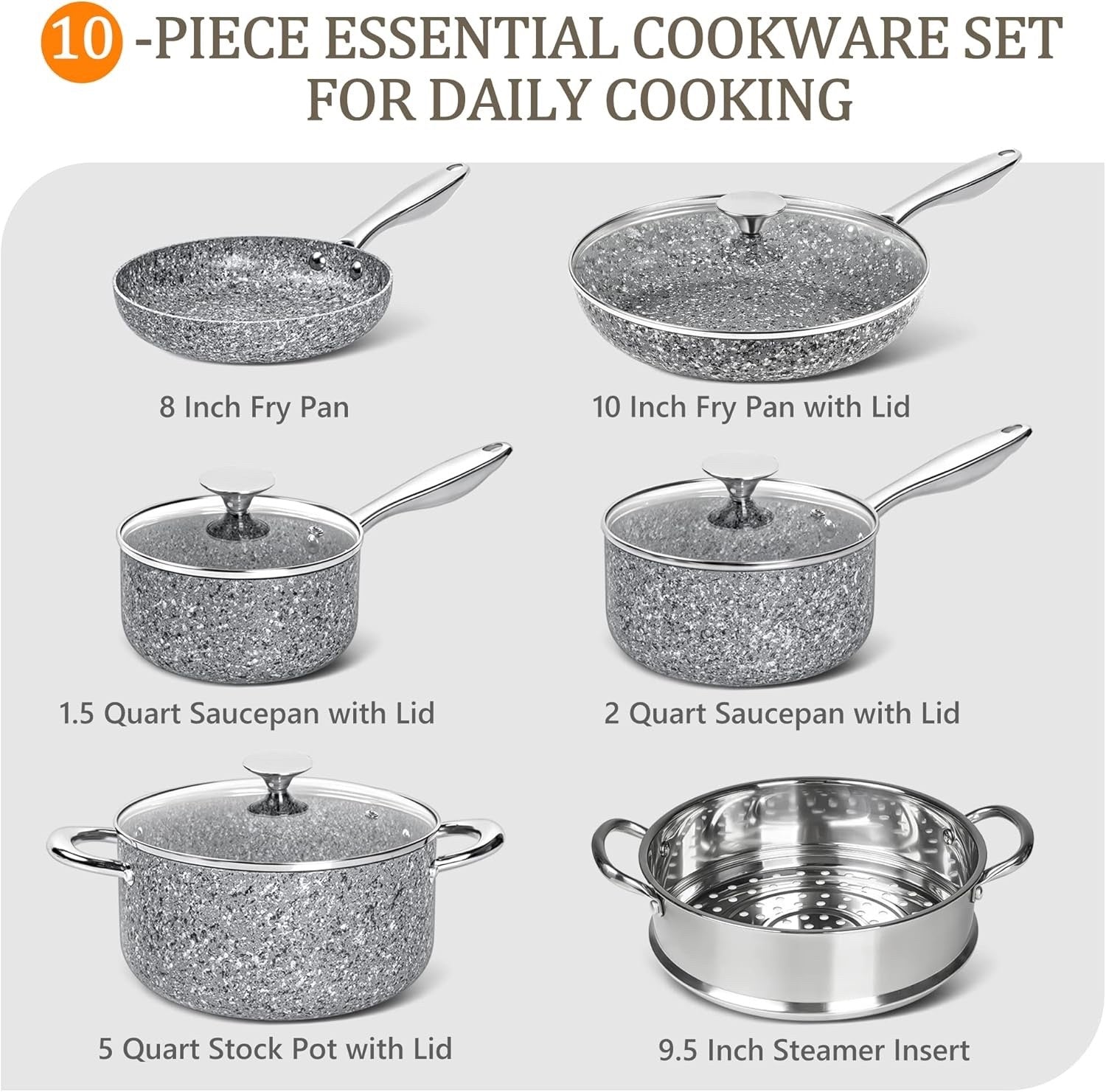 10Pcs Grey Granite Non Stick Cookware Set with Lids Induction Safe Pack Size