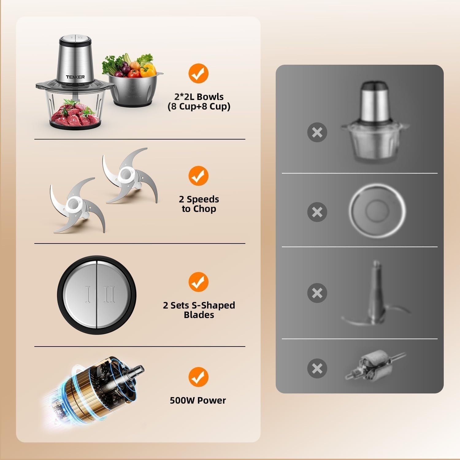 500W Food Processor Meat Grinder Chopper 2x2L Bowls 2 Speed Black