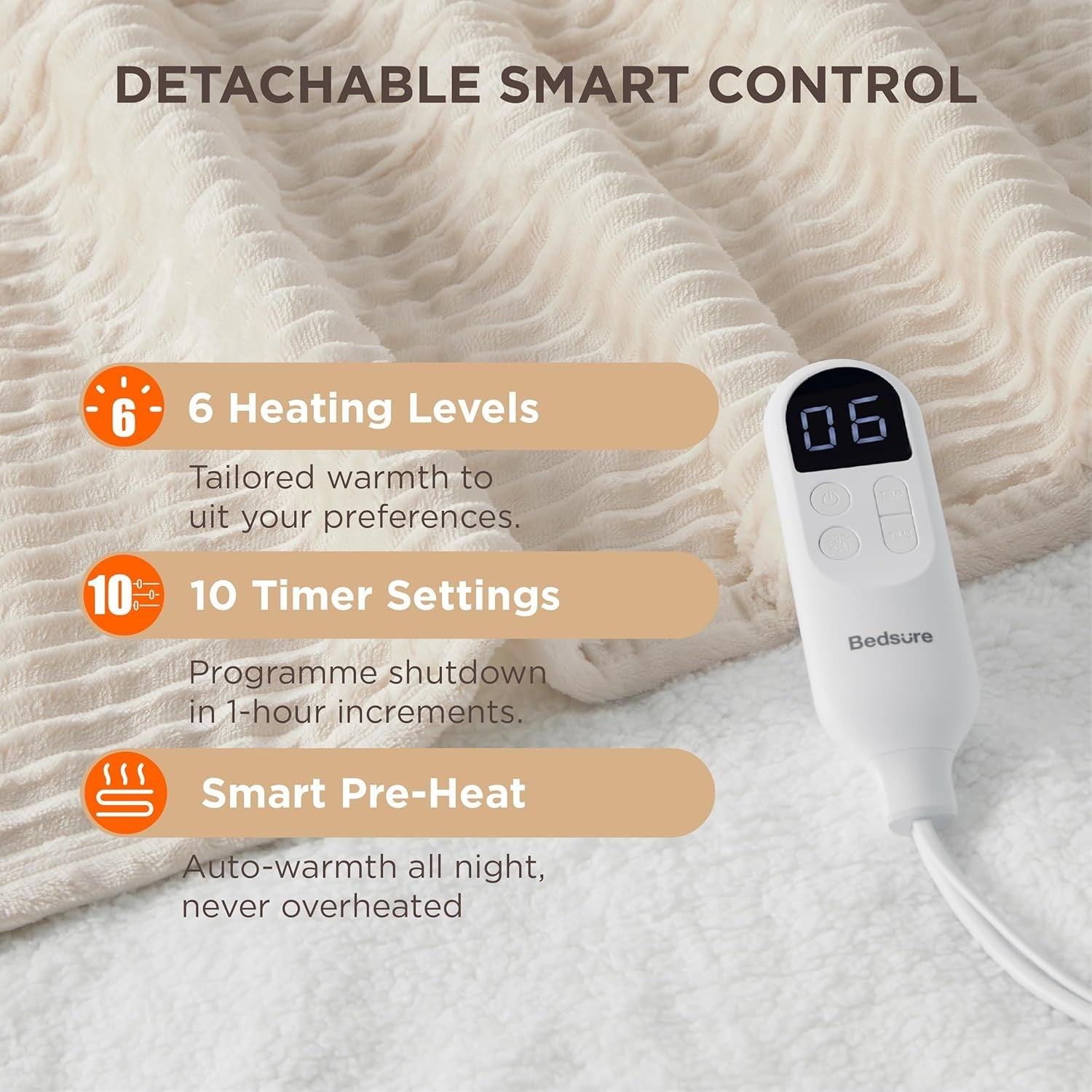 Electric Heated Throw Blanket 6 Heat Timer Overheat Protection Ribbed Flannel