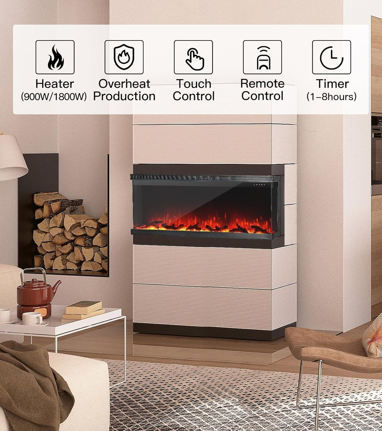 50" 3-Sided Electric Fireplace Wall Mount Freestanding 9-Color Flame Heater