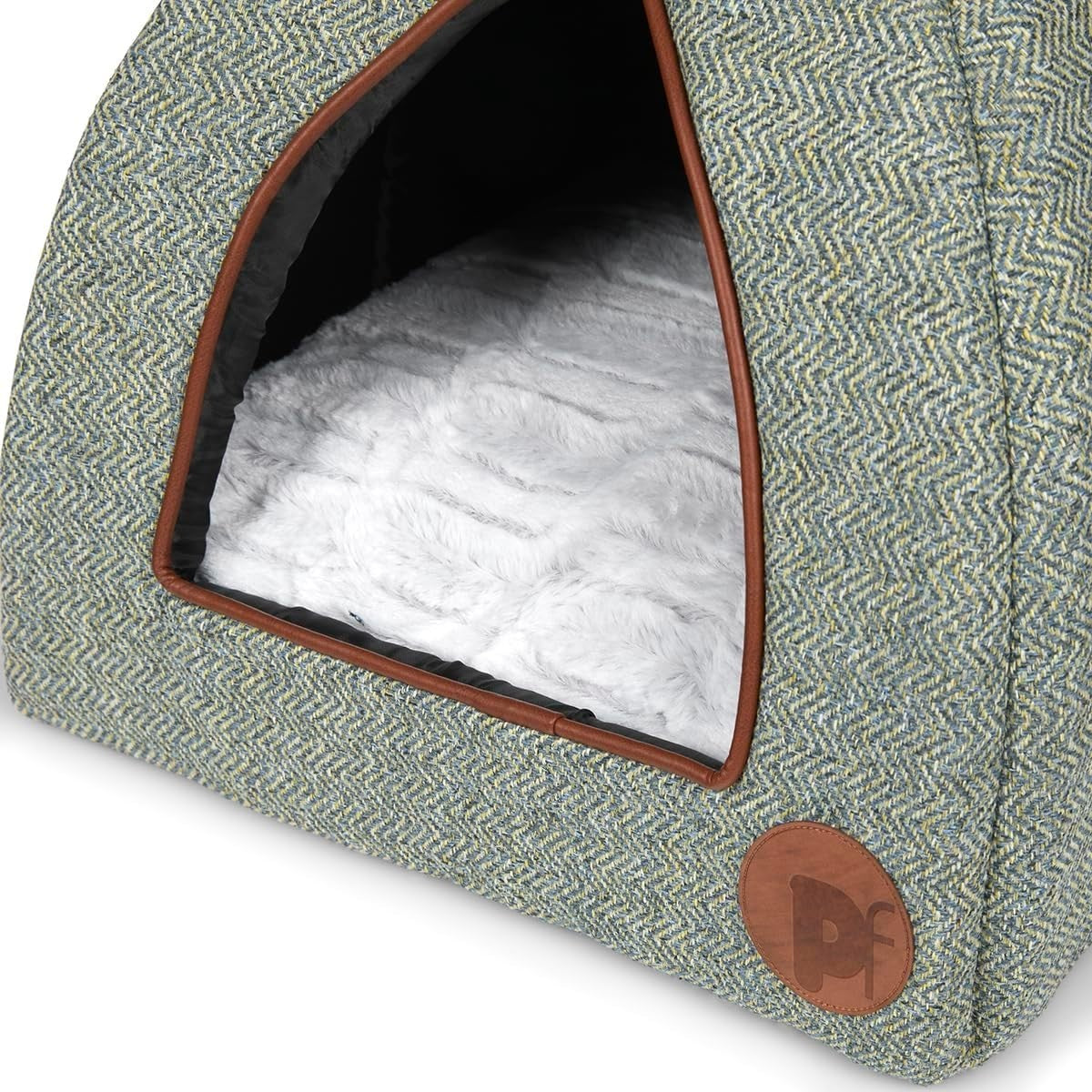 Sage Herringbone Cat Igloo Bed Cozy Pet Hideaway Soft Cushion 40x40x35