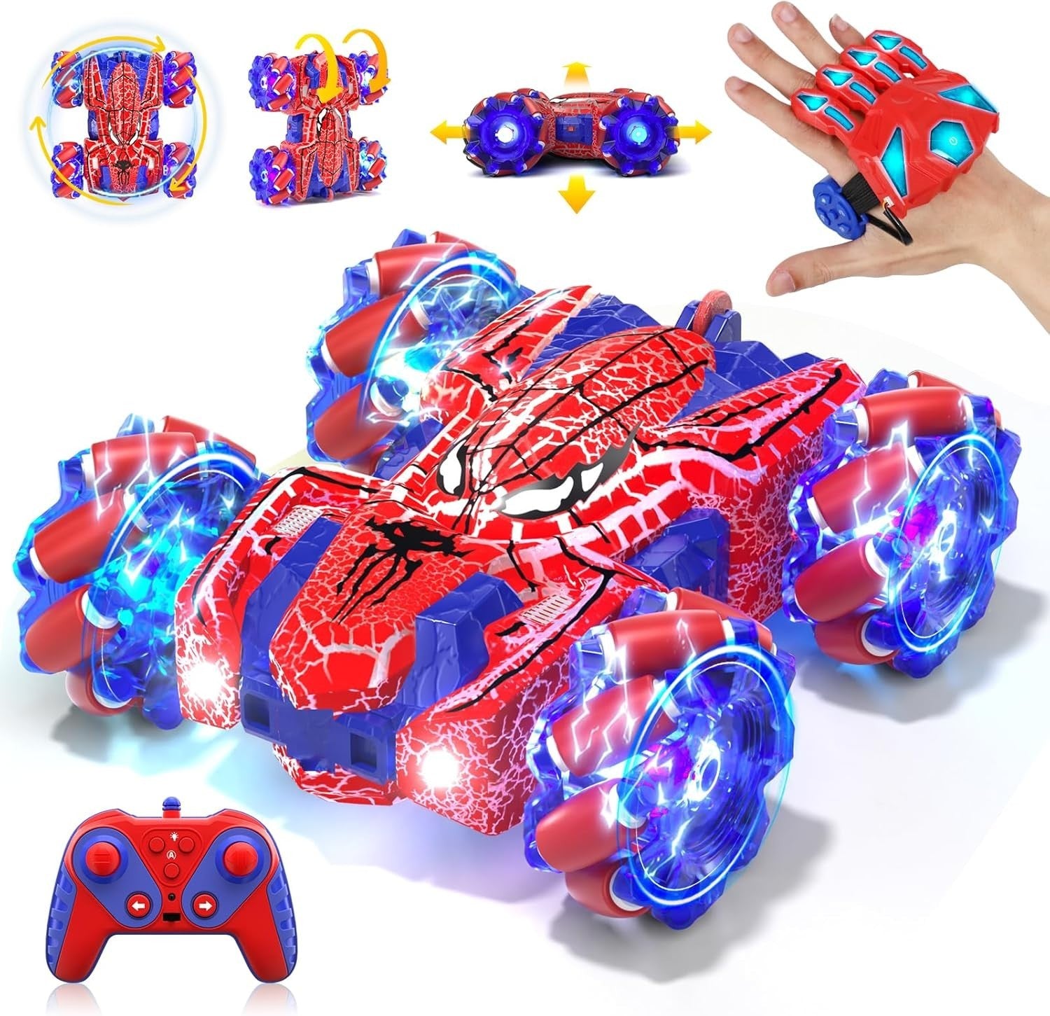 Spider Gesture RC Car for Kids 4–12, 4WD Double-Sided Stunt Car w/ Full-Body LED