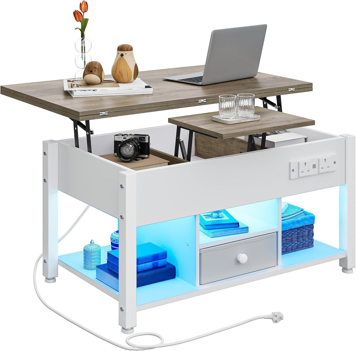 Lift Top Coffee Table with Storage, LED Lights, USB & Outlets, White Grey
