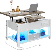 Lift Top Coffee Table with Storage, LED Lights, USB & Outlets, White Grey