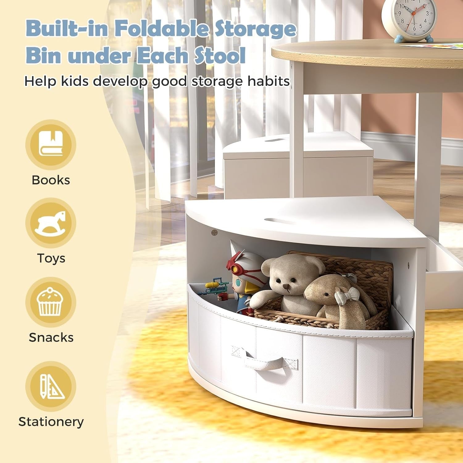 Kids Round Table & 4 Storage Stools Set with Fabric Drawers for Play & Learn