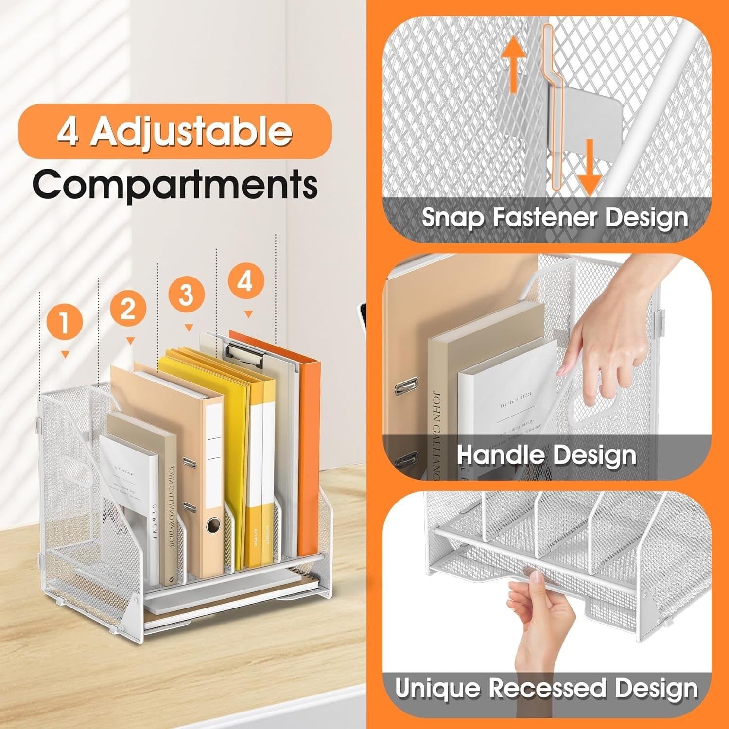 4-Tier Desktop File Organizer with Adjustable Compartments & Letter Tray, White