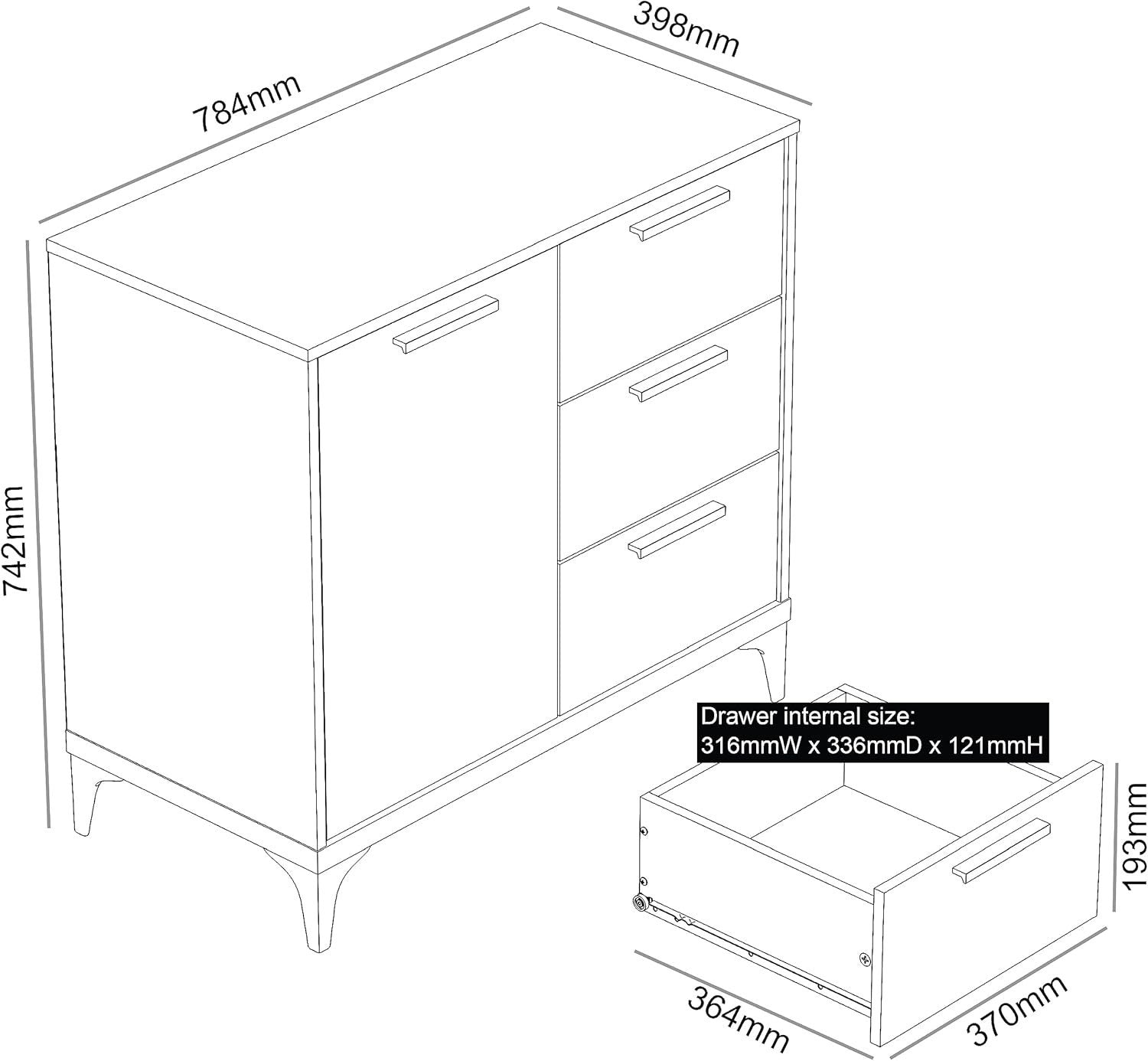 Oak Sideboard Storage Cabinet 1 Door 3 Drawer Adjustable Shelf Unit