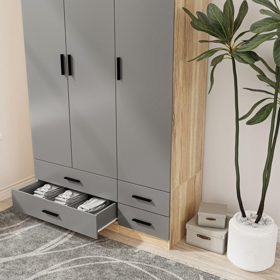 Oak & Grey 3 Door Wardrobe with 4 Drawers, Modern Bedroom Storage Unit
