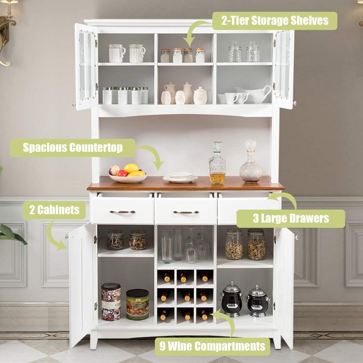 White Tall Kitchen Storage Cabinet Buffet Cupboard with Drawers & Wine