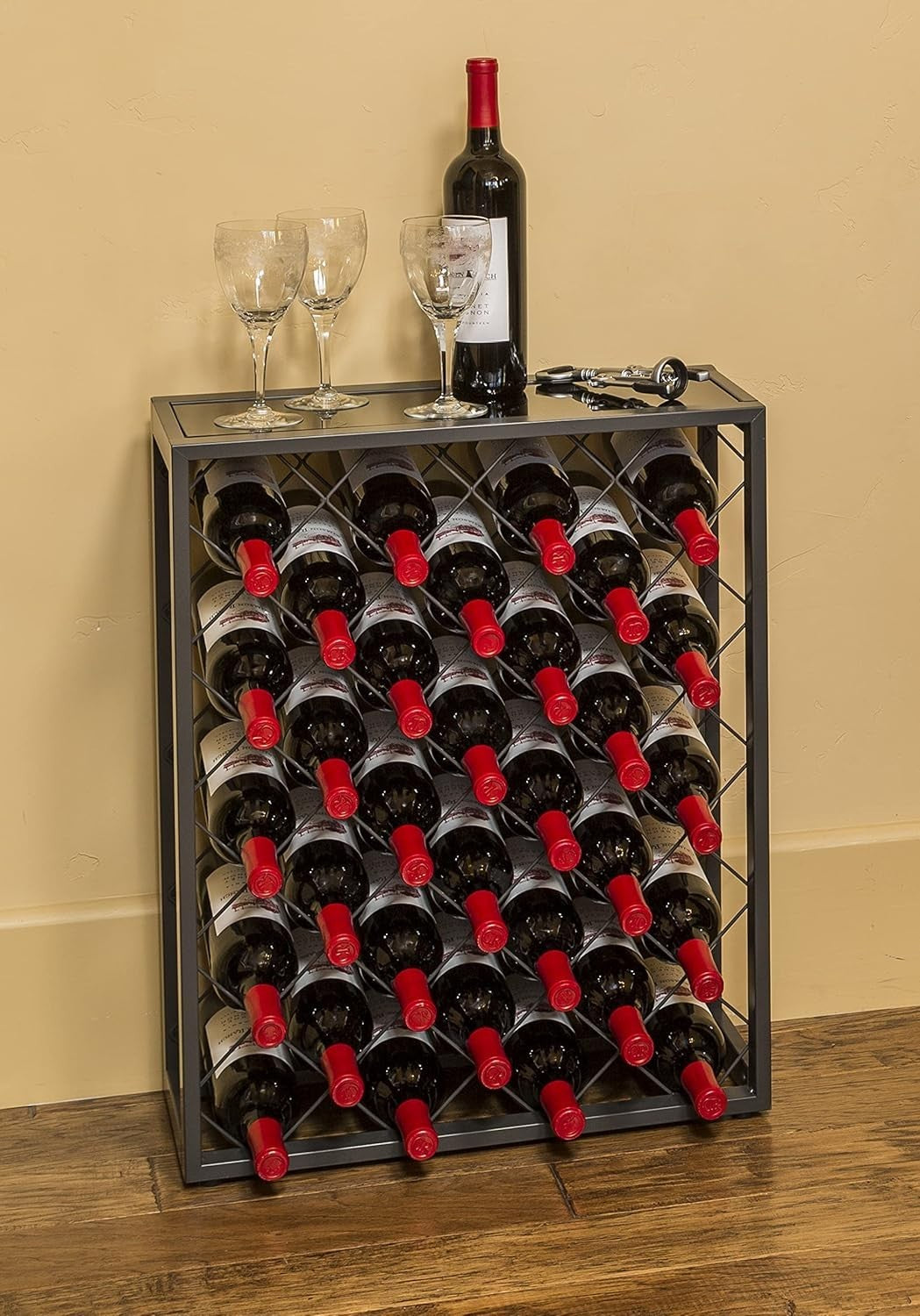32 Bottle Metal Wine Rack with Glass Top Shelf Free Standing Black Kitchen Bar