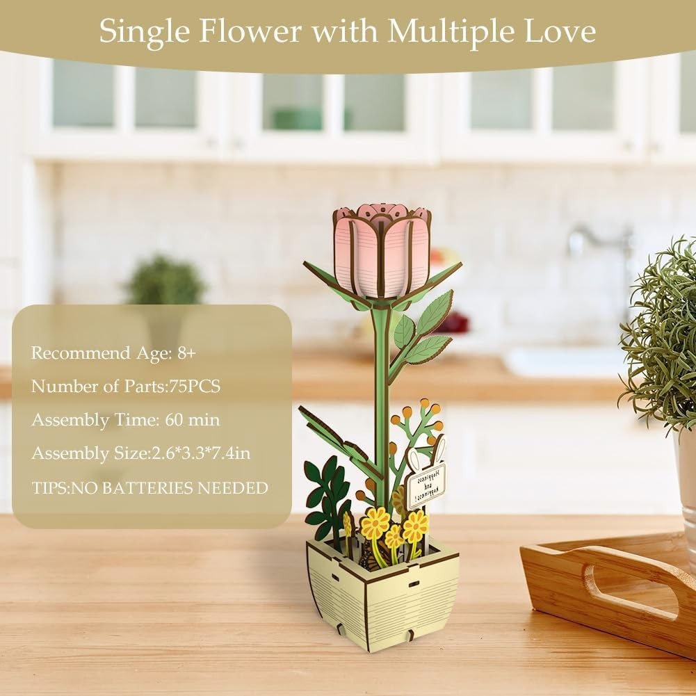 3D Wooden Flower Puzzle DIY Craft Kit, Romantic Home Décor, Easy Build Gift