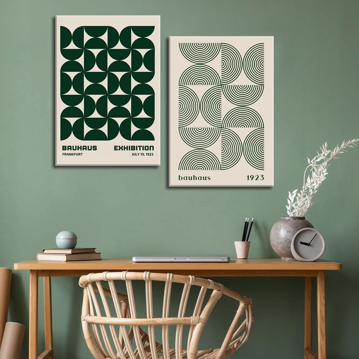 Bauhaus Wall Art Set of 2 Green Geometric Posters 16x24in