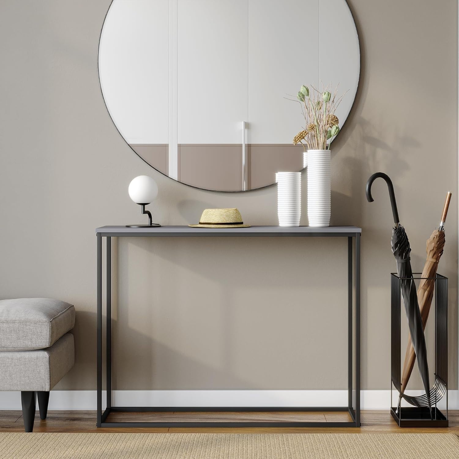 Modern Grey Wooden Console Table with Metal Legs - Slim Hallway Table 24x100x75c