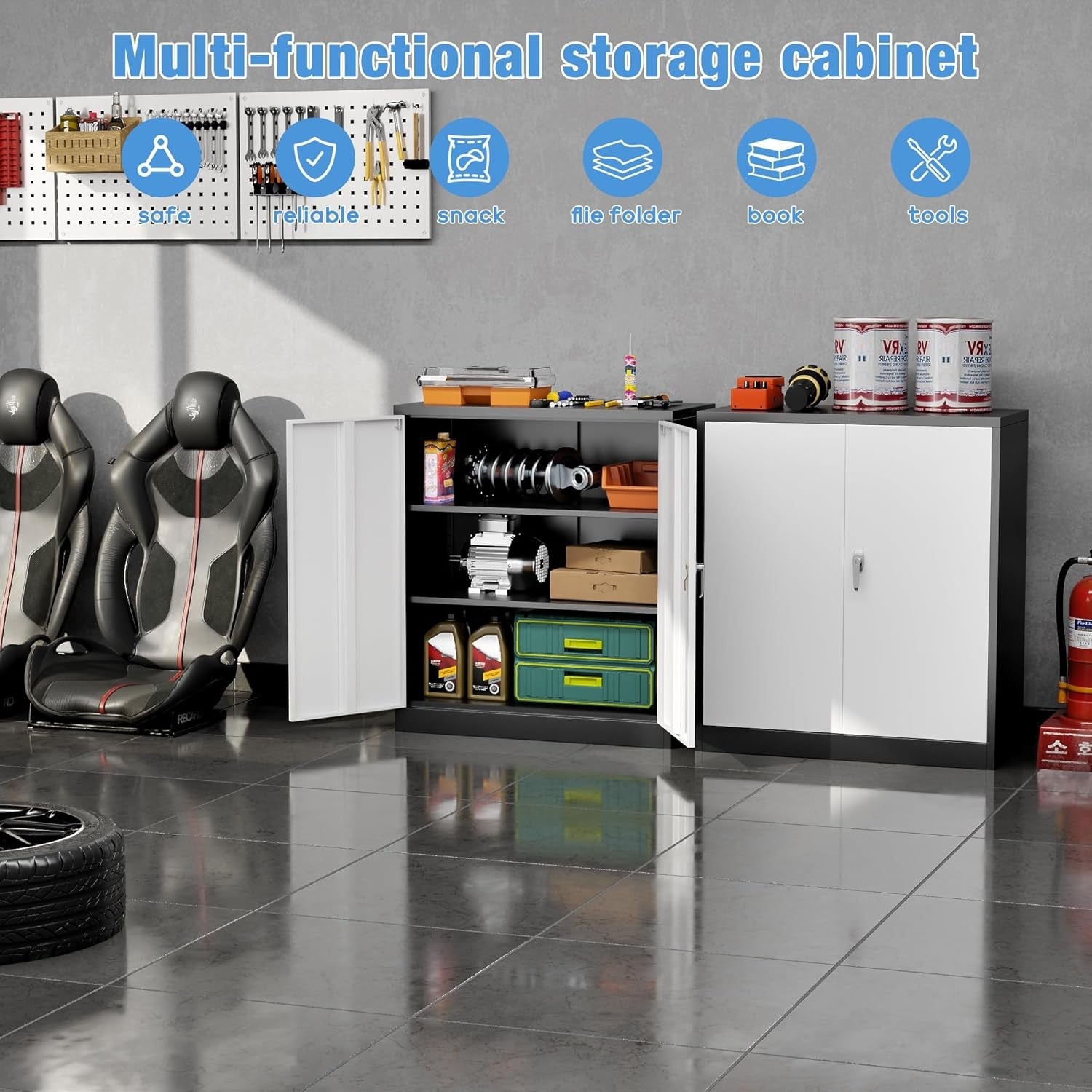 Metal Storage Cabinet with Lock Doors 2 Adjustable Shelves Office Home White