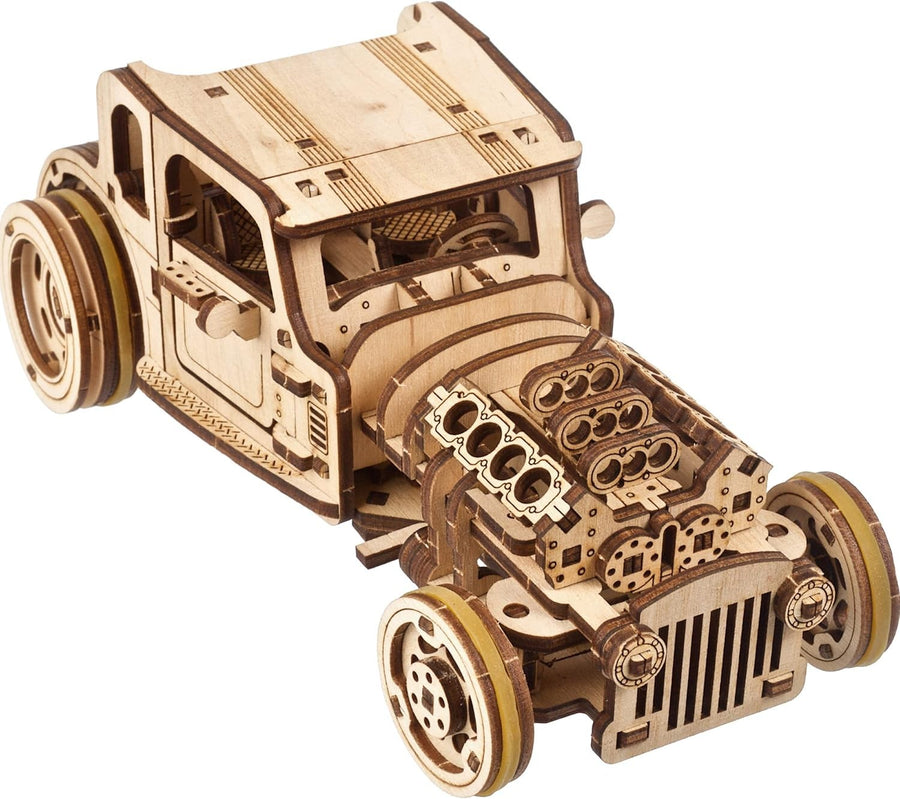 Dual Engine Wooden Car Model Kit with Steering & Locking Doors - DIY Build
