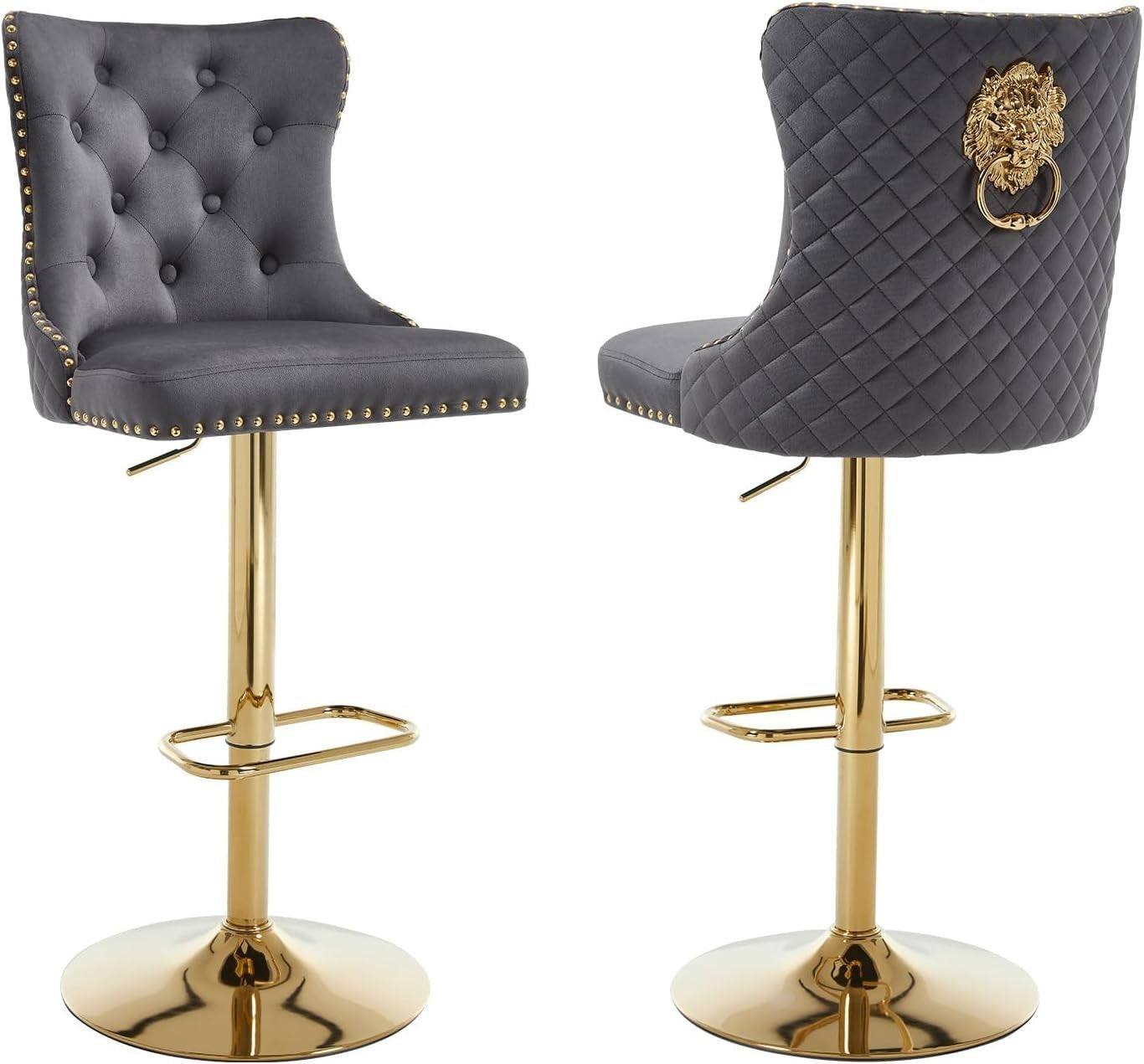 Velvet Bar Stools Set of 2 Dark Grey Gold Legs Adjustable Swivel Chairs