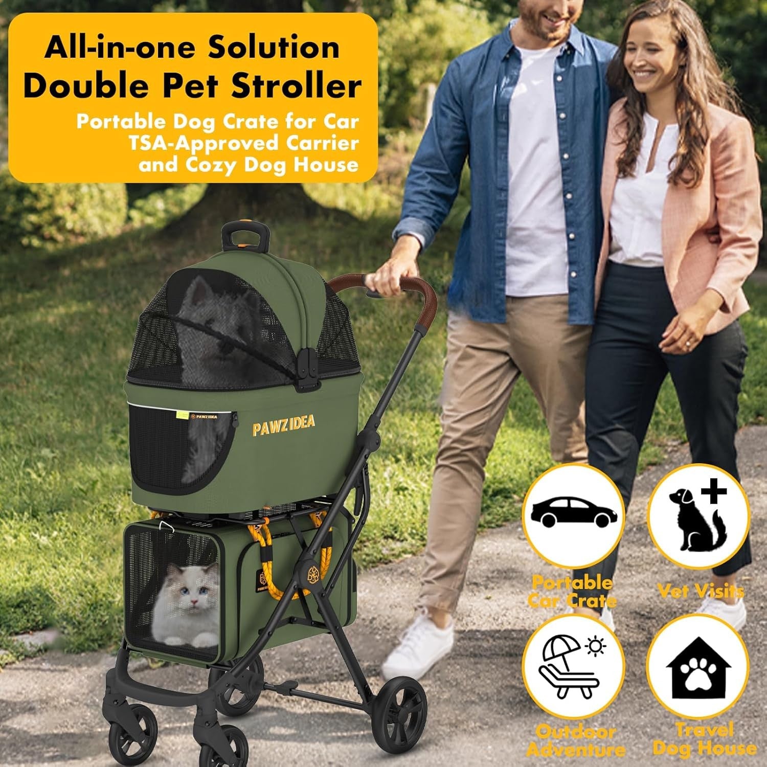 Double Pet Stroller 2 Detachable Carriers Foldable Dog Travel Pushchair