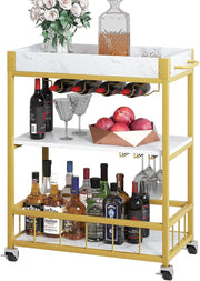 3 Tier Gold Bar Cart with Wine Rack & Glass Holder Rolling Drinks Trolley