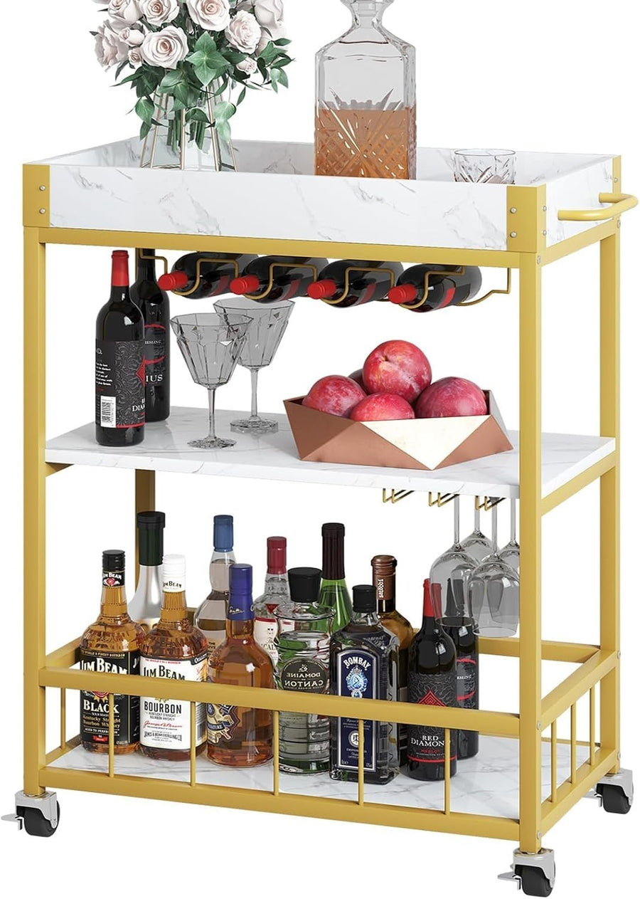 3 Tier Gold Bar Cart with Wine Rack & Glass Holder Rolling Drinks Trolley
