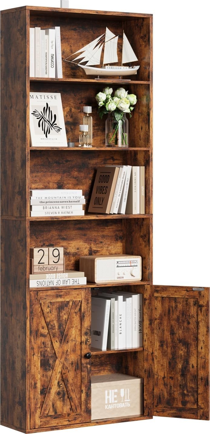 6 Tier Tall Retro Brown Bookcase with Doors Storage Display Shelf 60x23.5x180cm