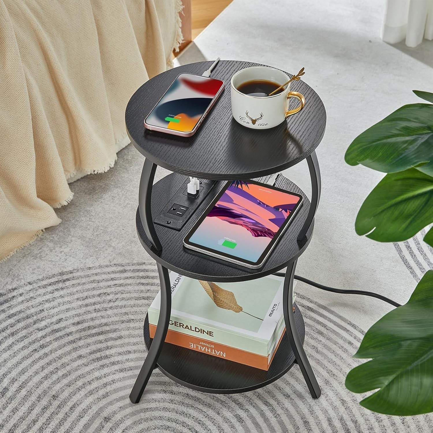 Black 3-Tier Round Side Table 30x30x55 cm | Slim End Table w/ USB & Storage
