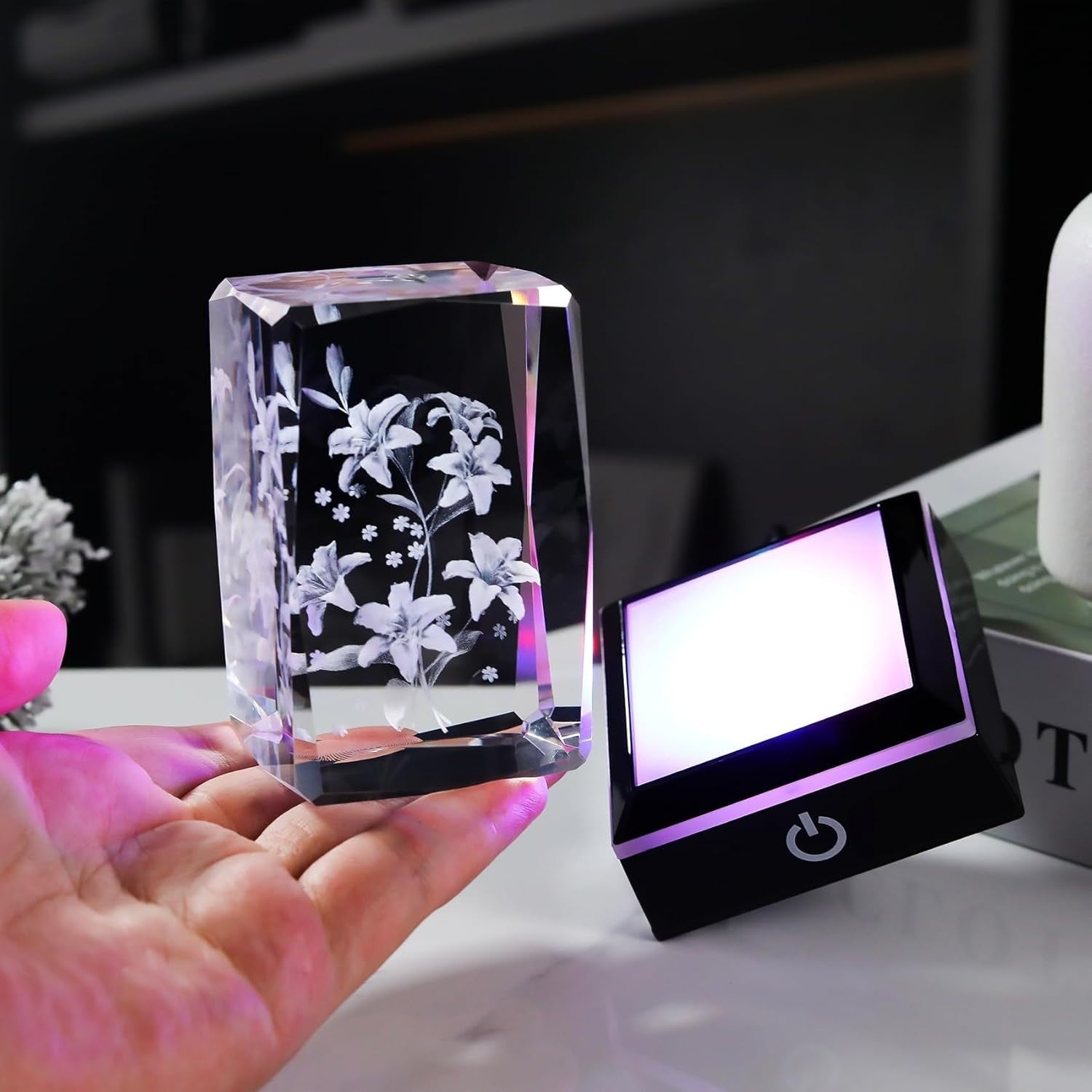 3D Crystal Lily Bouquet LED Light Cube Ornament Gift for Mum Wife Women Birthday