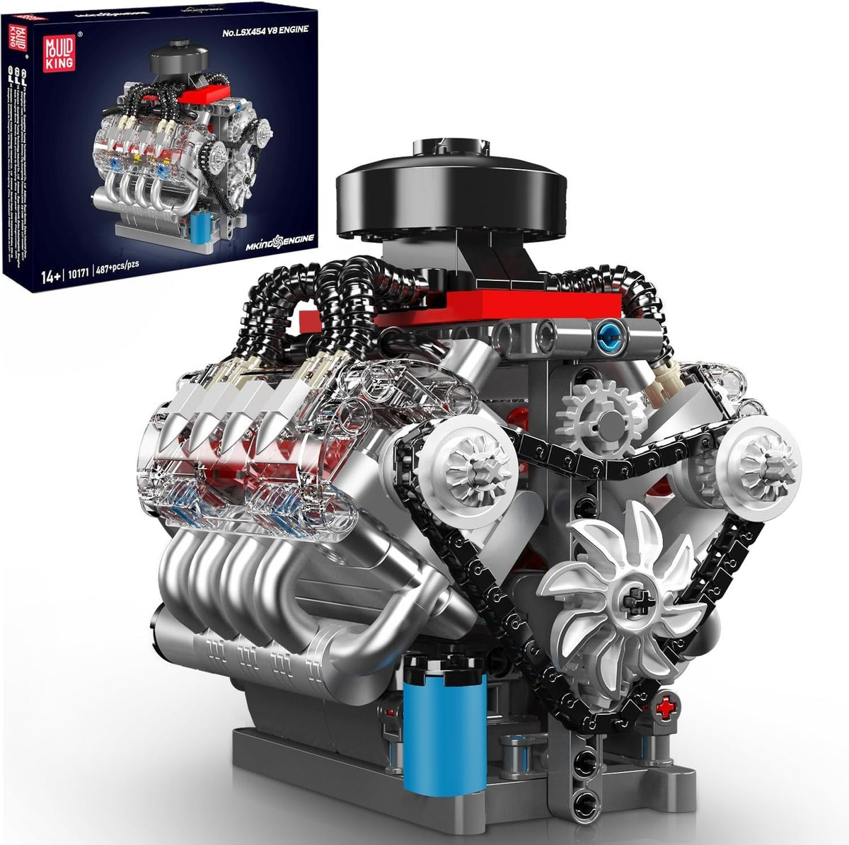 Realistic DIY V8 Engine Model Kit - 487pcs STEM Toy, Moving Parts, Kids & Adults