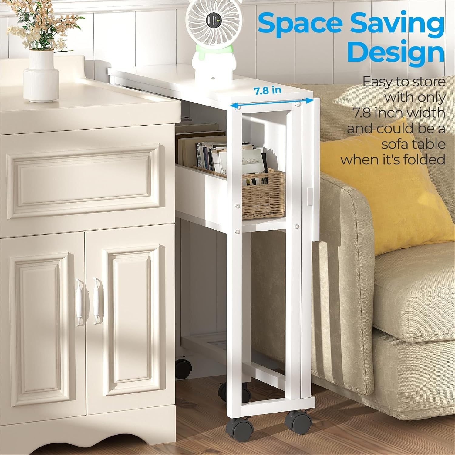 Folding Computer Desk on Wheels with Storage Shelf Space Saving White 80cm