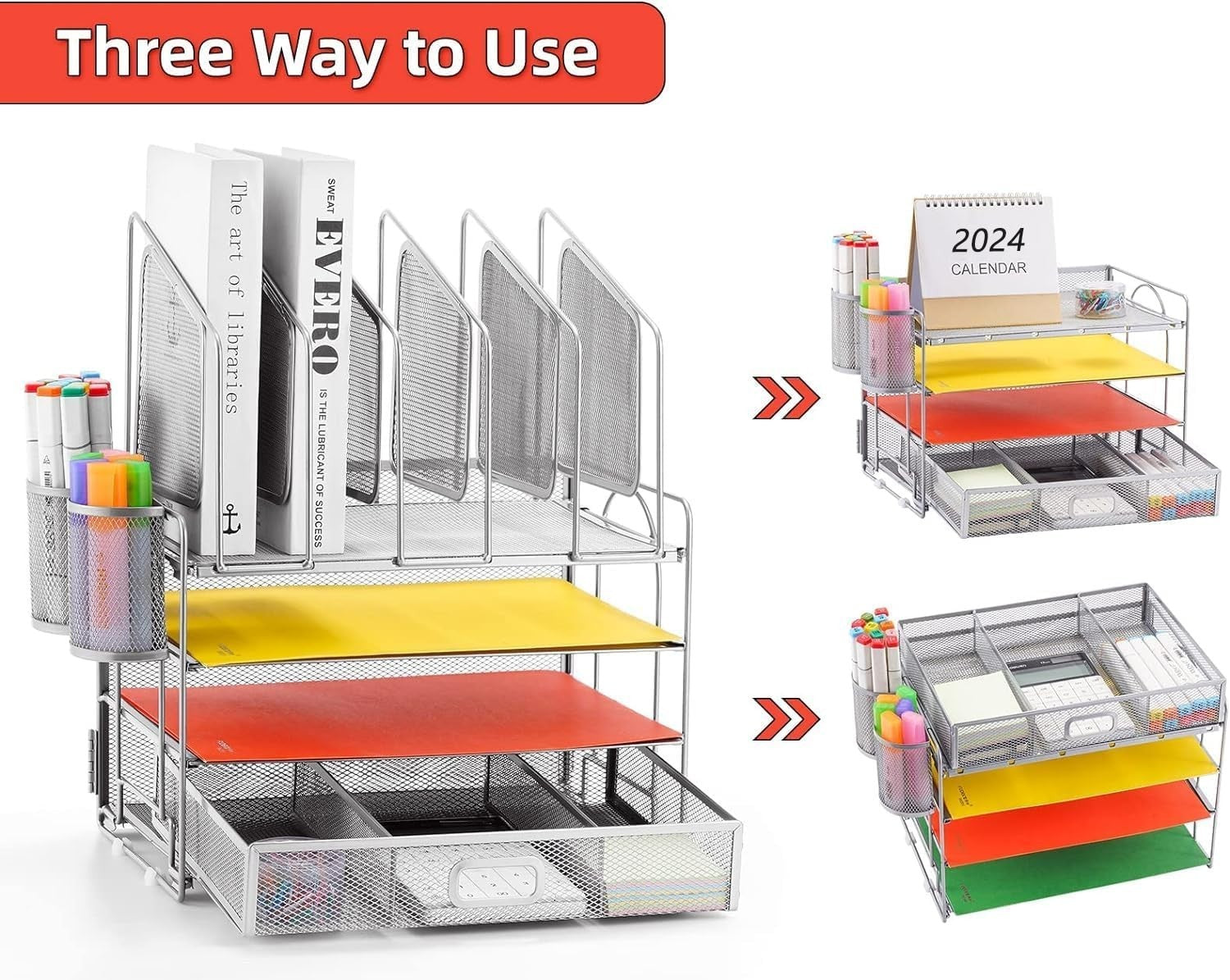 4-Tier Desk Organizer Tray Drawer 5 Vertical File & Pen Holders
