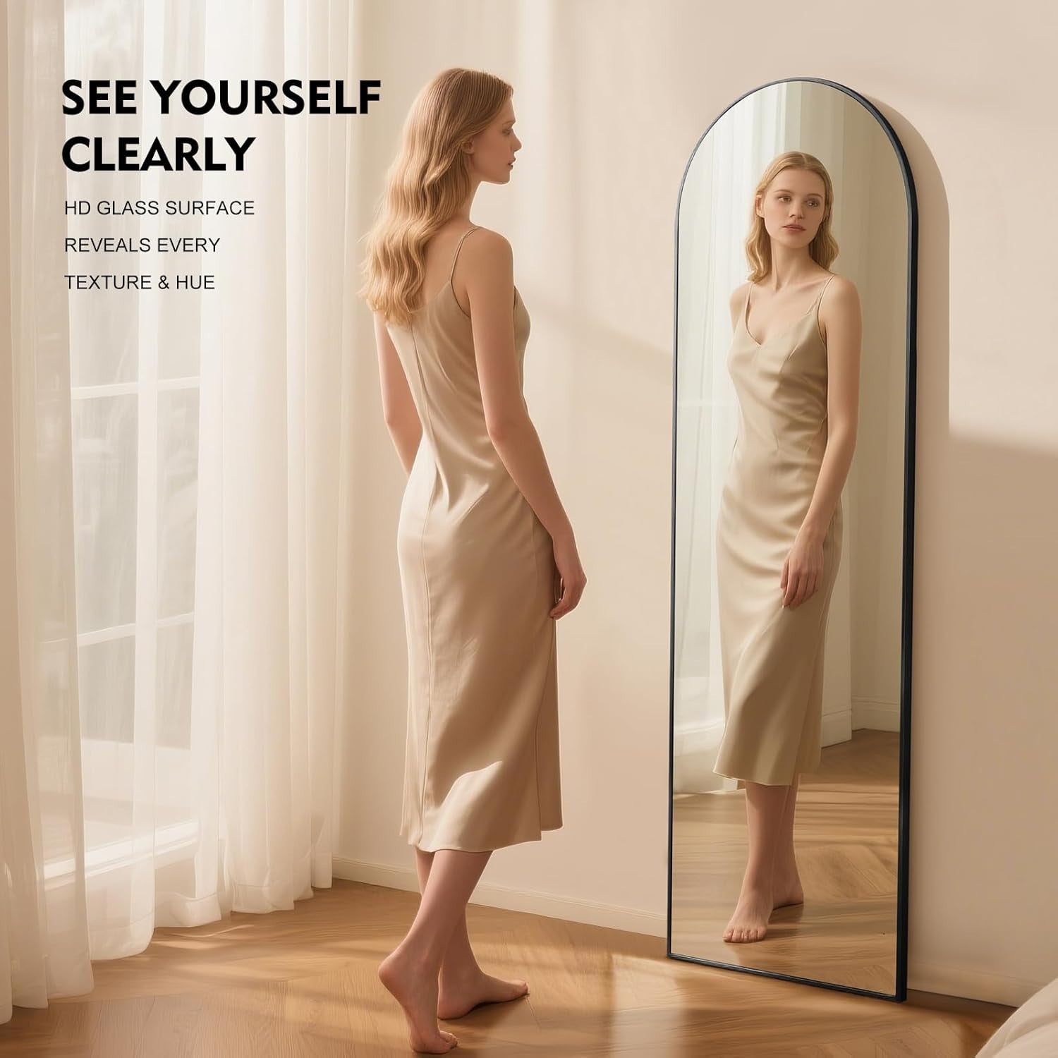Full Length Arch Mirror 152x42cm Wall Mounted Black Frame Space Saving