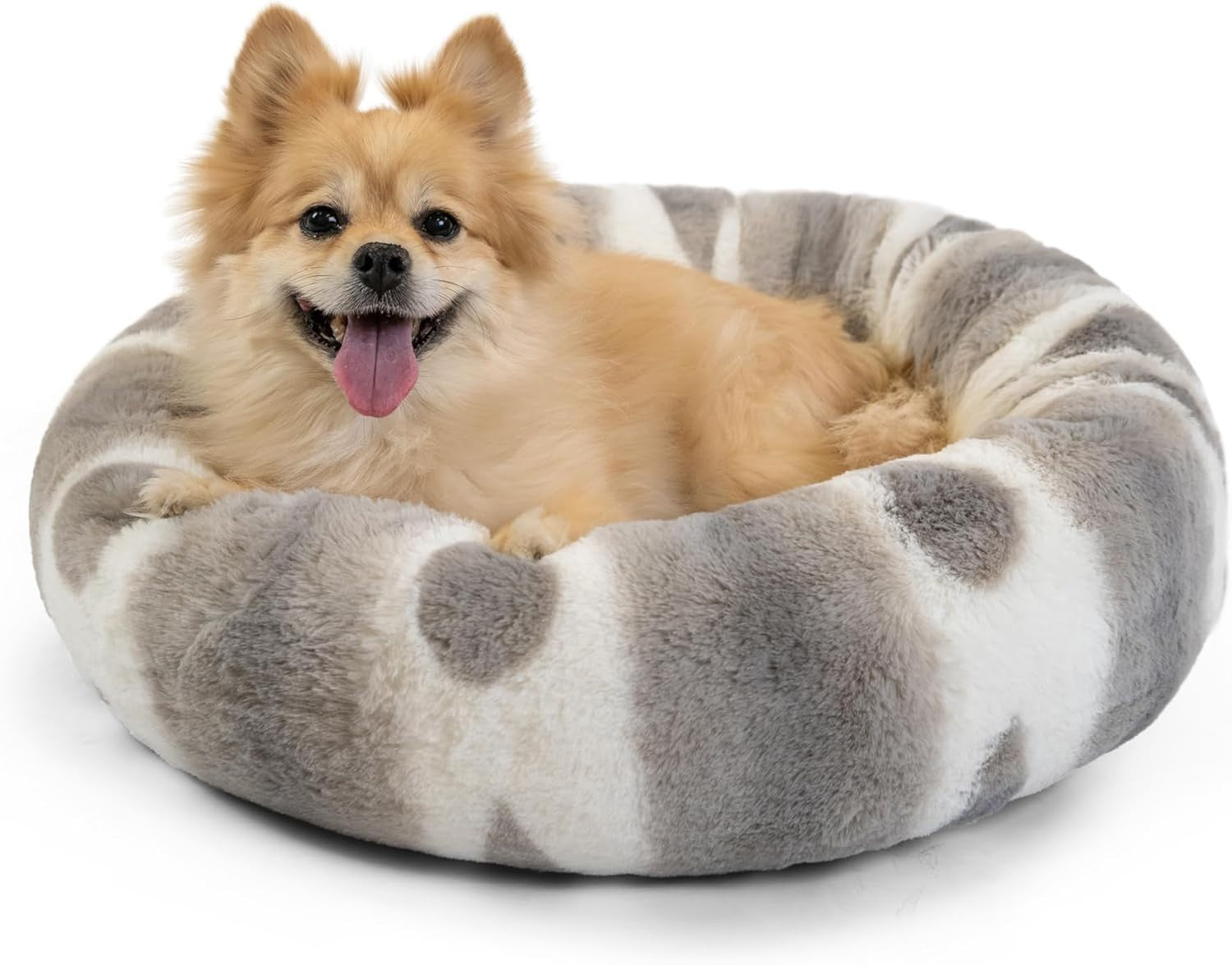 Calming Donut Dog Bed 23x23 Faux Fur Anti Anxiety Grey