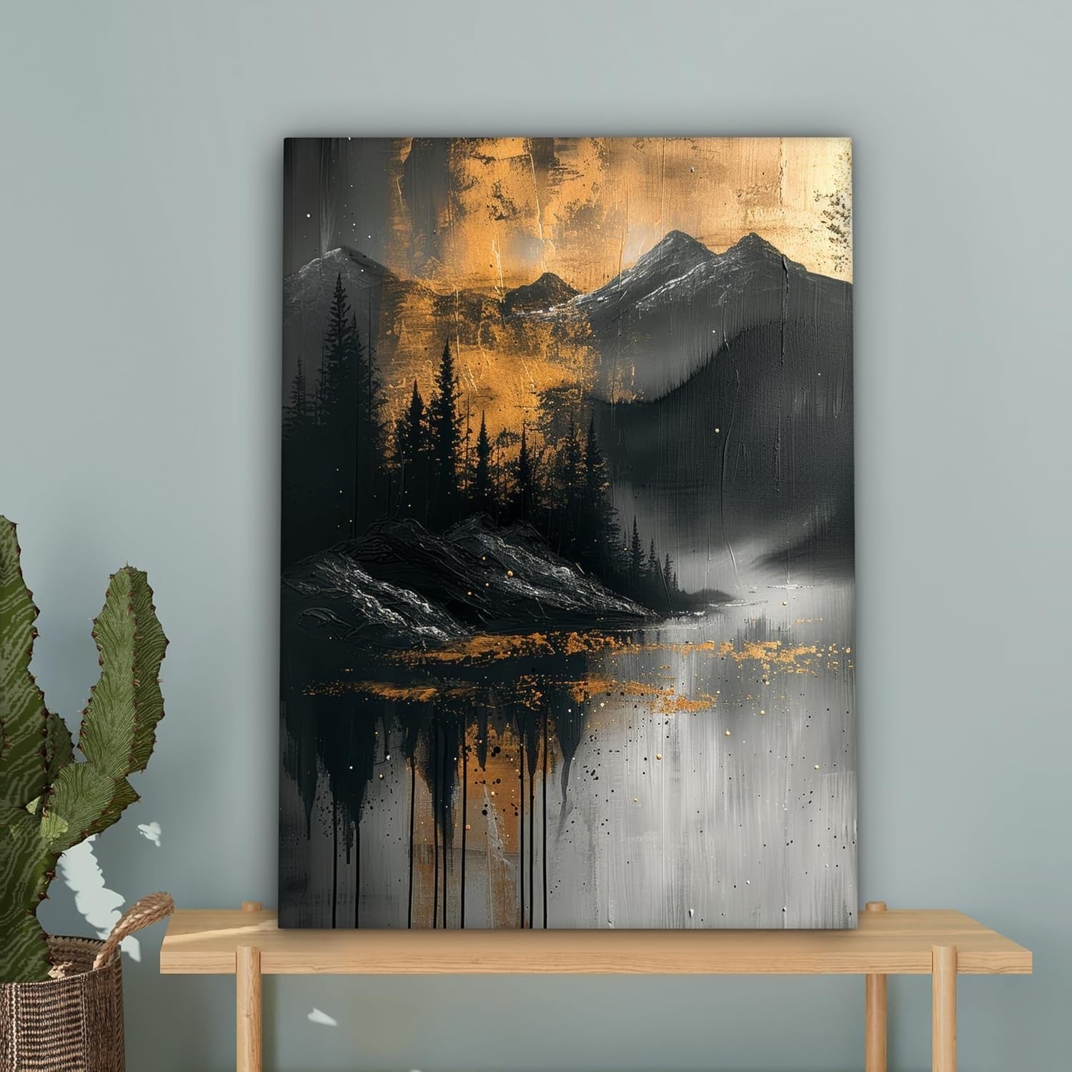 Forest Mountain Canvas Wall Art 50x70cm Gold Black Framed
