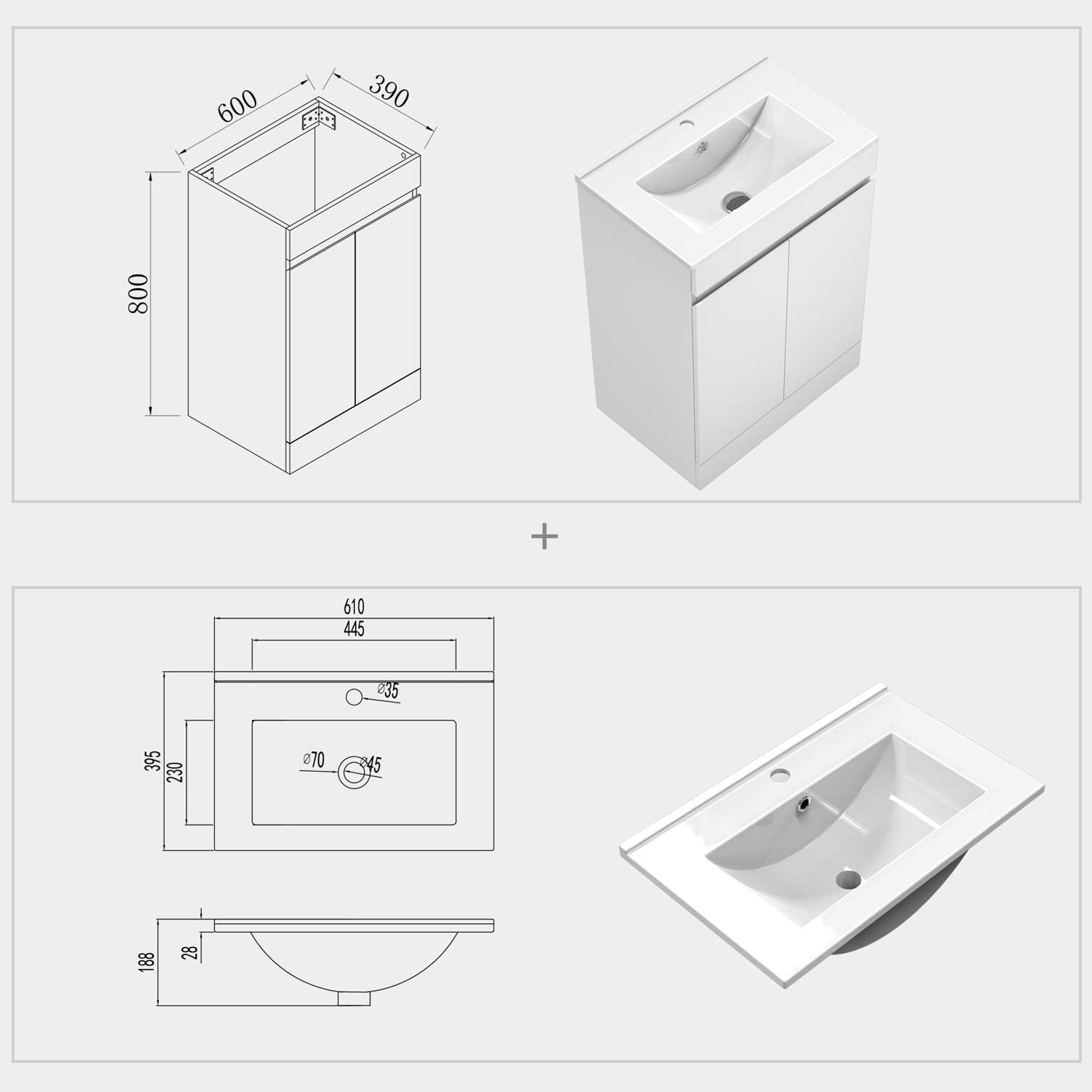 600mm Matt White Floor Standing Vanity Unit with Basin 2 Door Sink Cabinet