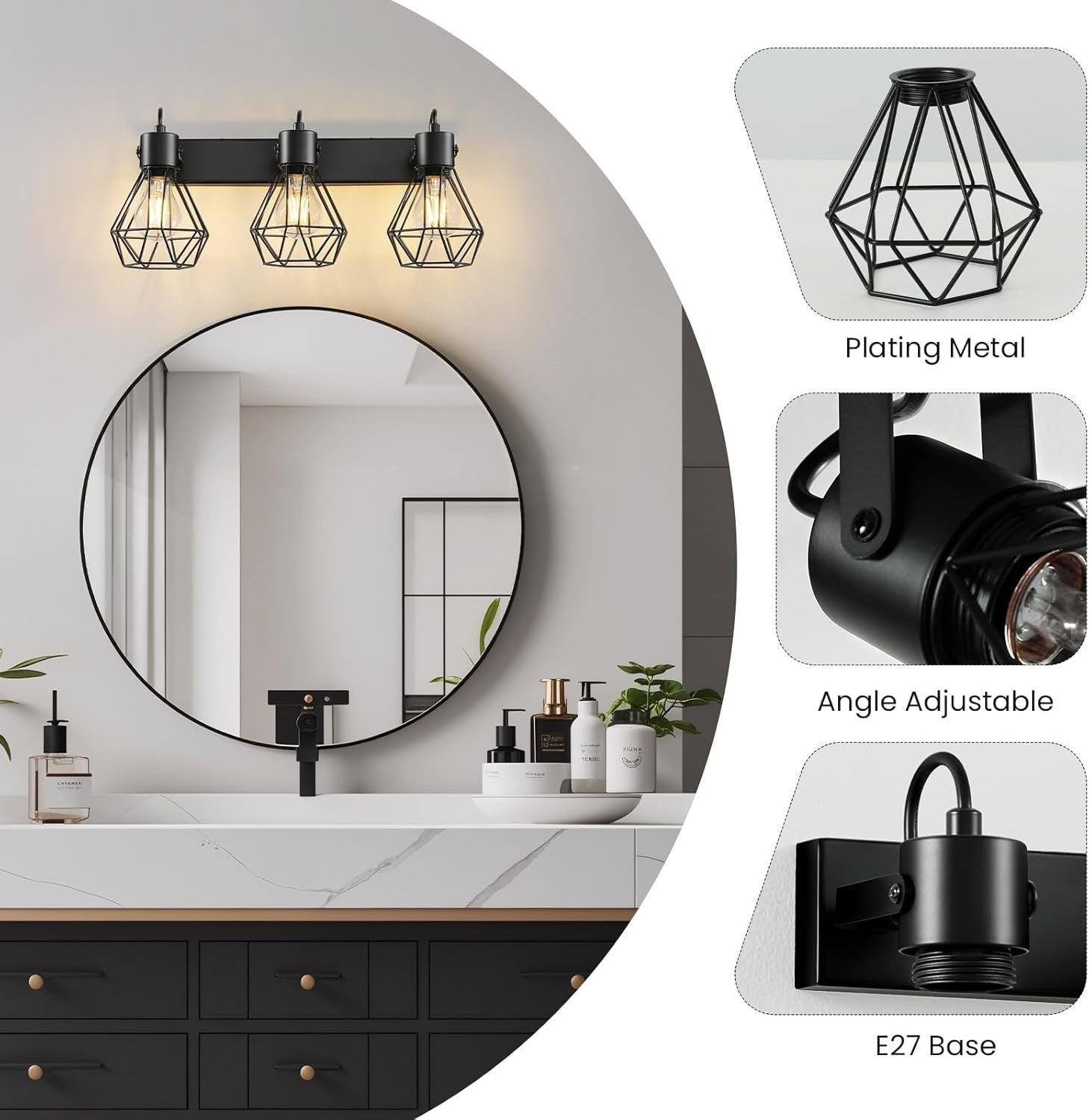 3 Light Black Vanity Wall Lights - 90° Rotatable, Vintage Farmhouse Bathroom Lam