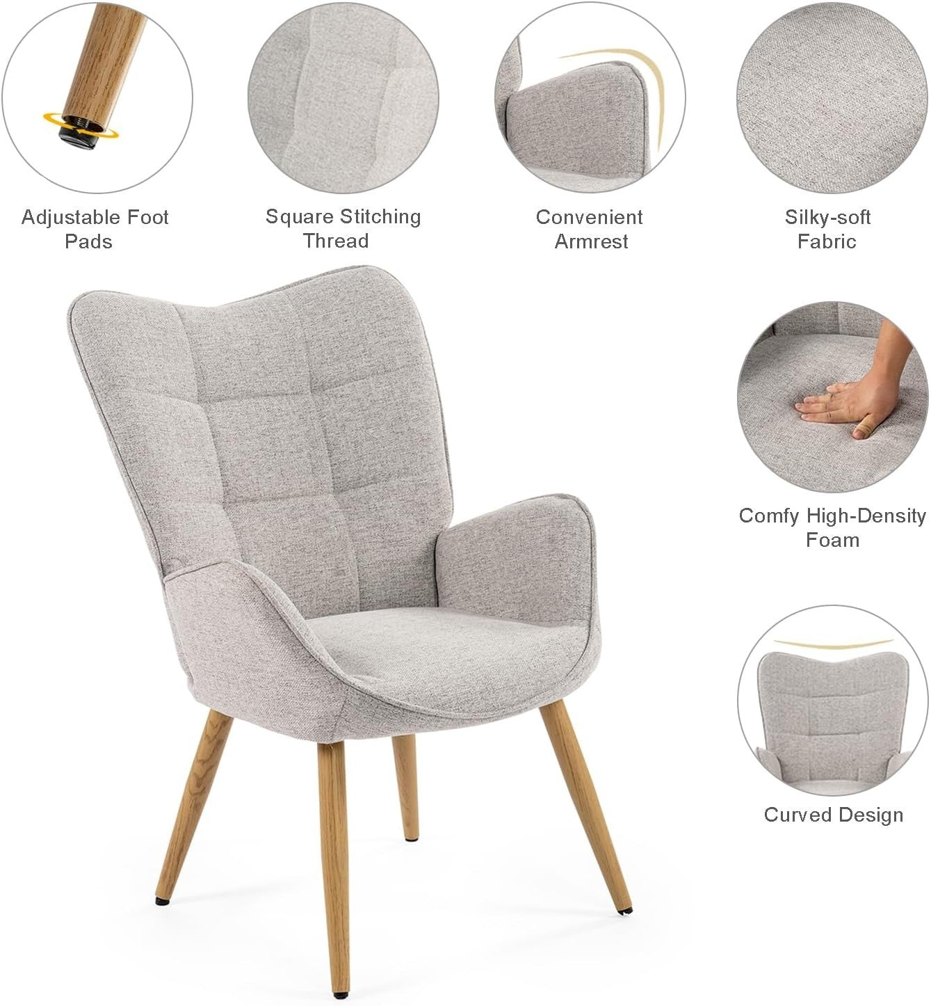 Grey Fabric Wingback Armchair Wood Legs Lounge Reading Room Chair
