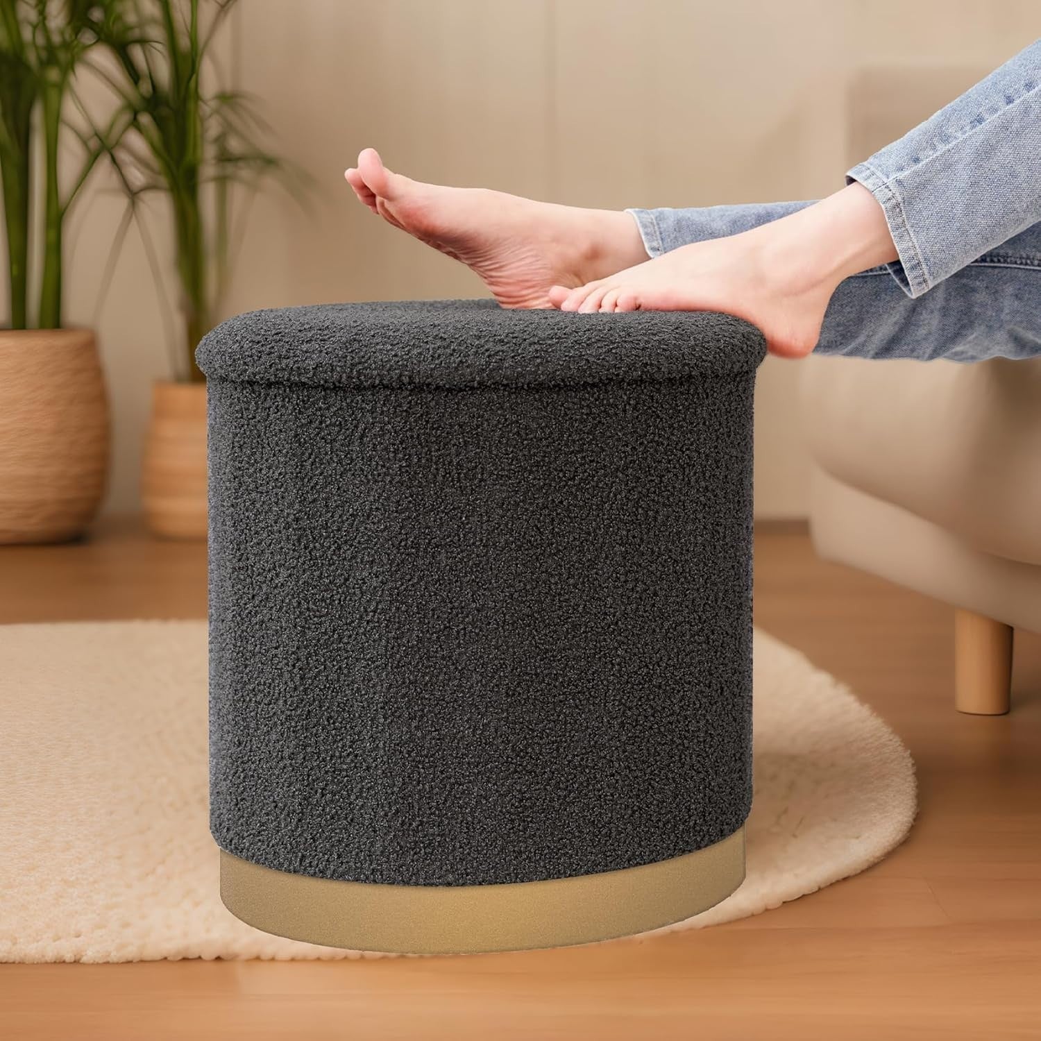 Grey Boucle Large Round Storage Ottoman Foldable Footrest with Tray Lid