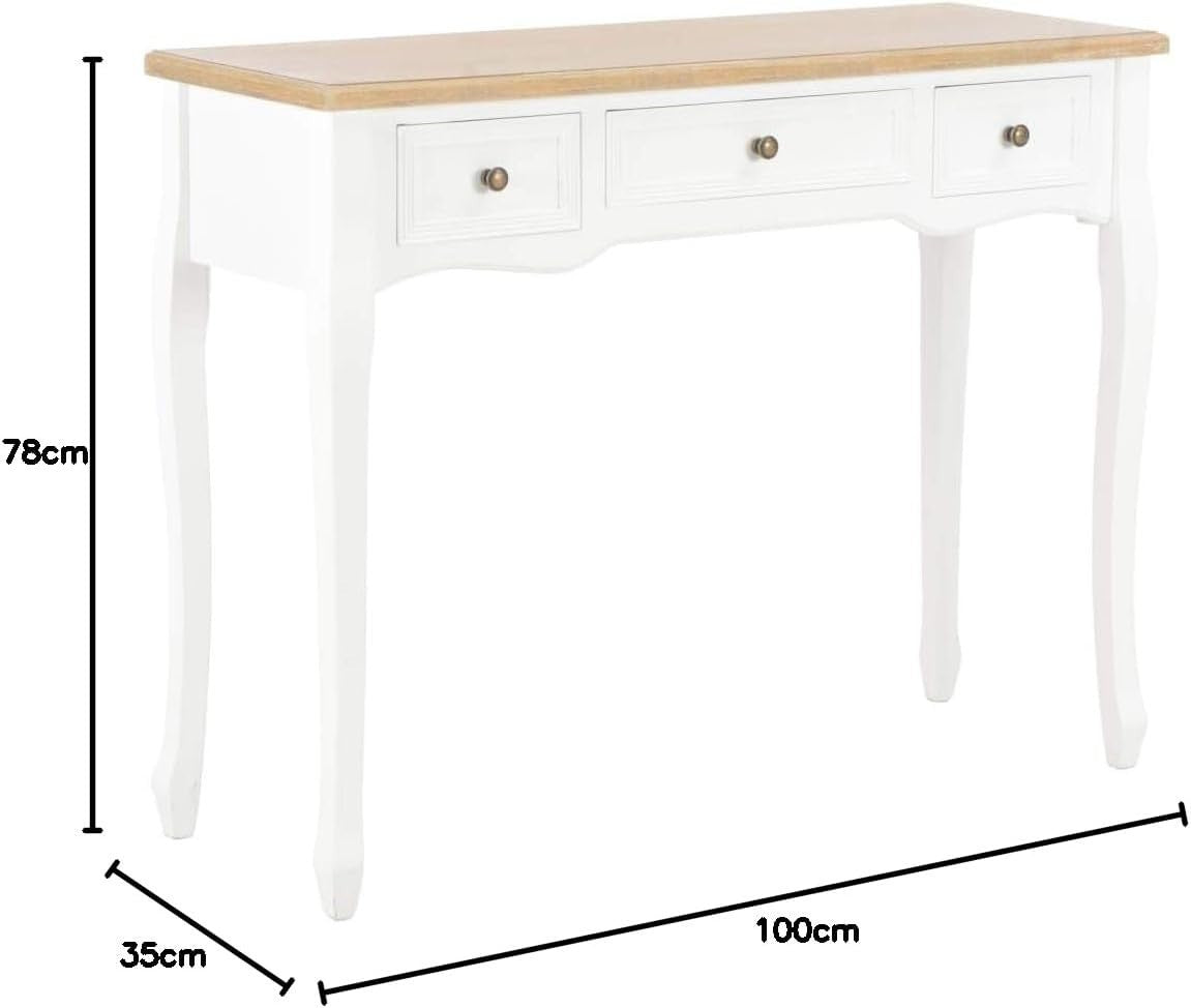 Compact Console Table with 3 Drawers, Pinewood, White & Brown, 35x100x78 cm