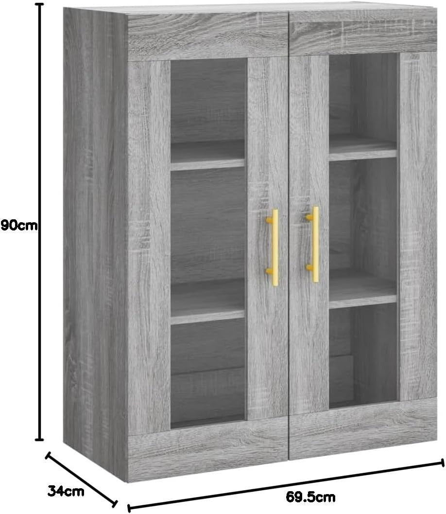 Wall Mounted Grey Sonoma Storage Cabinet with Glass Doors & Gold Handles