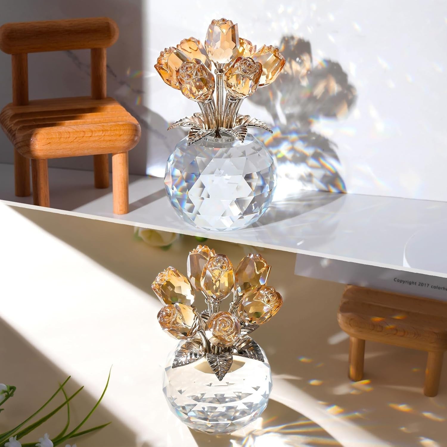 Gold Crystal Rose Bouquet Ornament Gift for Women Mum Anniversary Wedding