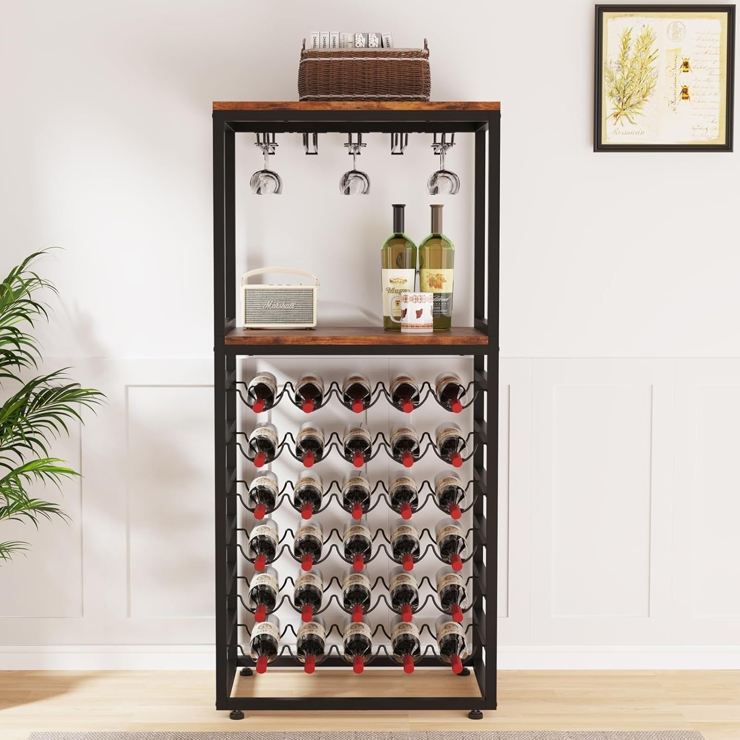 Large Wine Rack Storage Shelf with Glass Holder, 6-Tier Metal & Wood